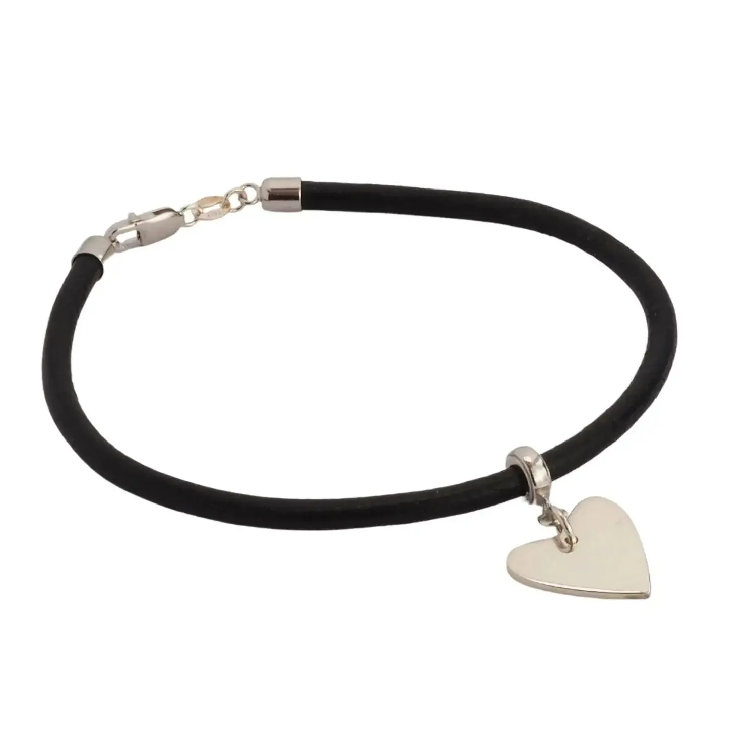 Ladies Black Personalised Sterling Silver Heart Leather Bracelet