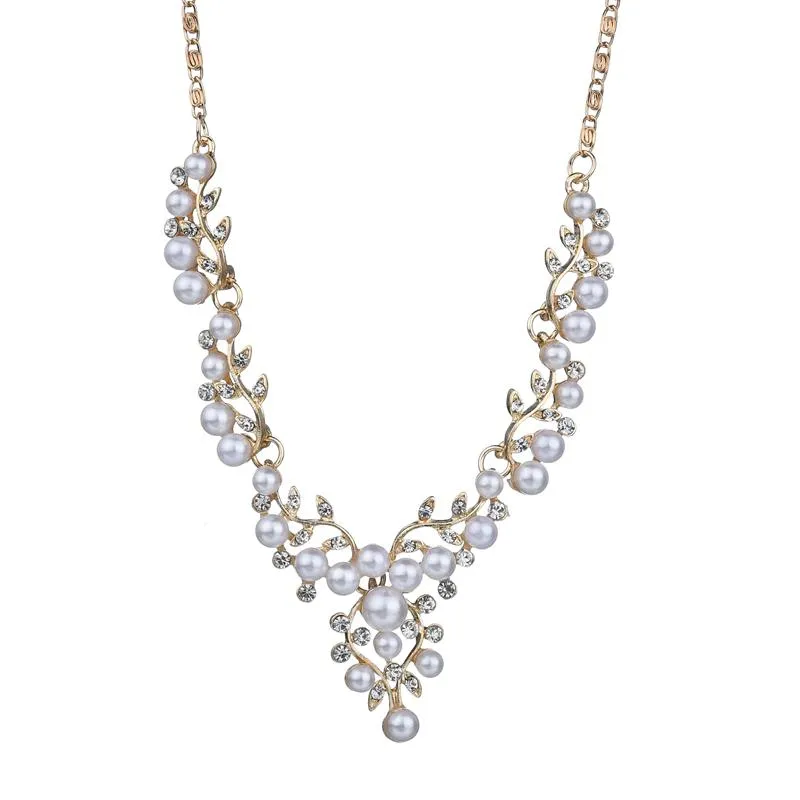 Ladies Wedding Pearl Rhinestone Leaf Necklace & Earring set