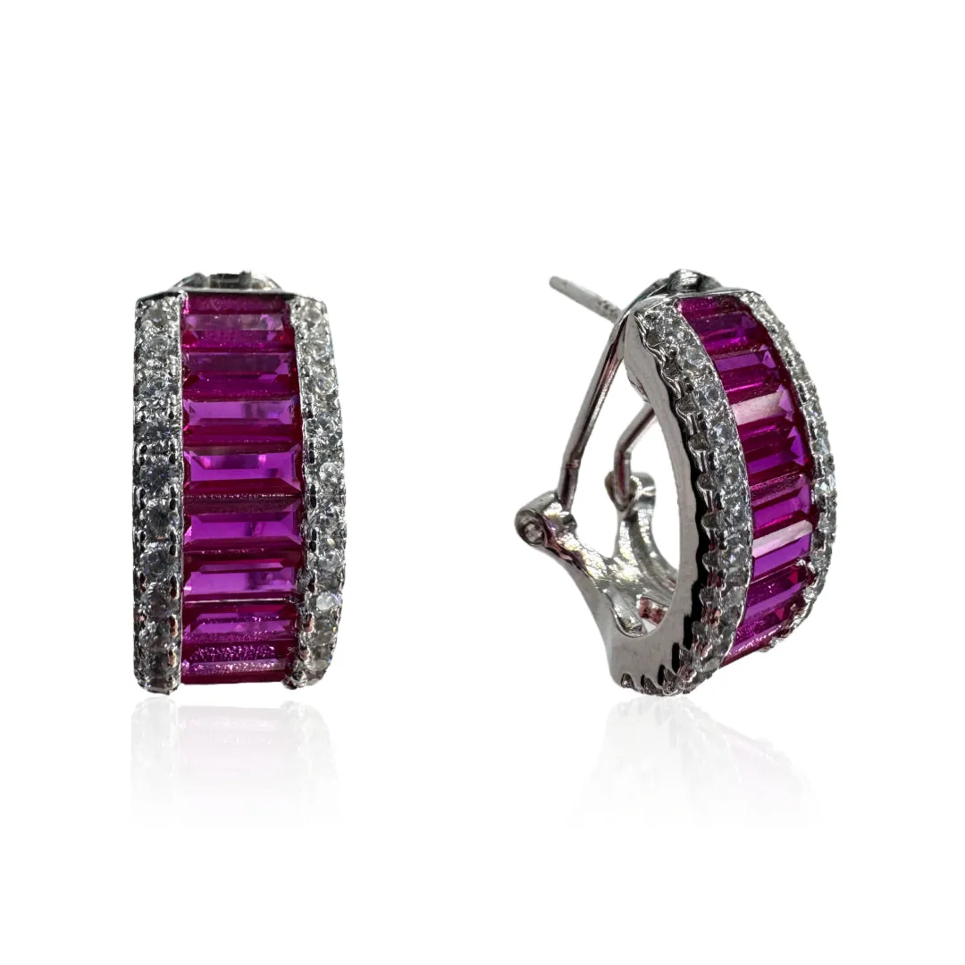 Large Huggie Earrings With Wide Colored Baguette Stones & CZ Border - Multiple Colors Available