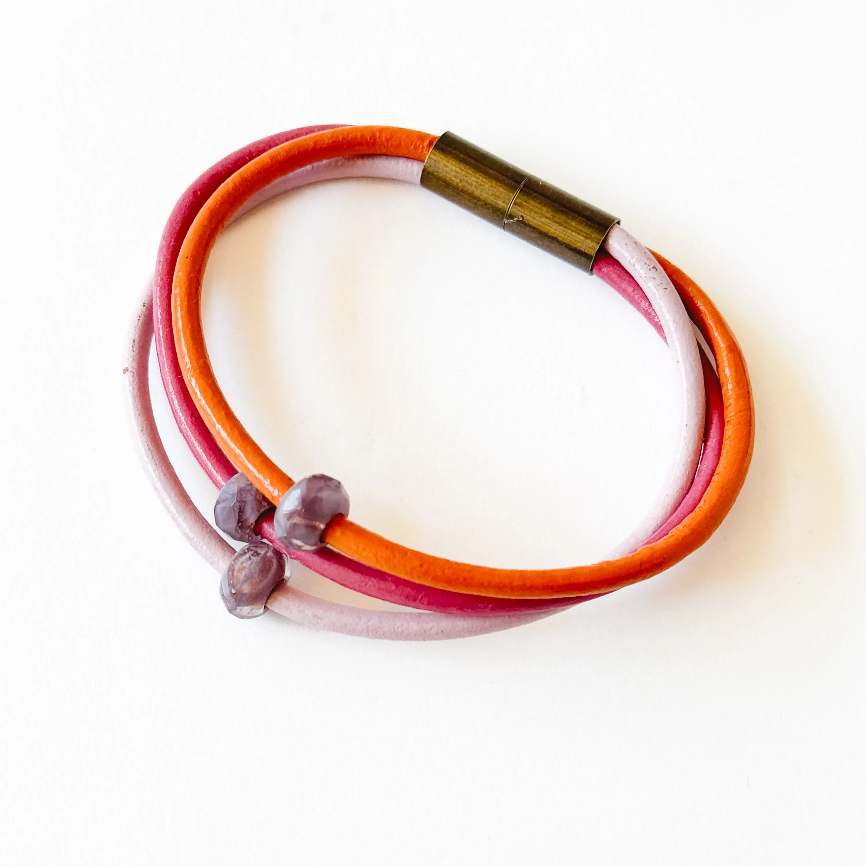 Leather Cord  Bracelet With Purple Beads