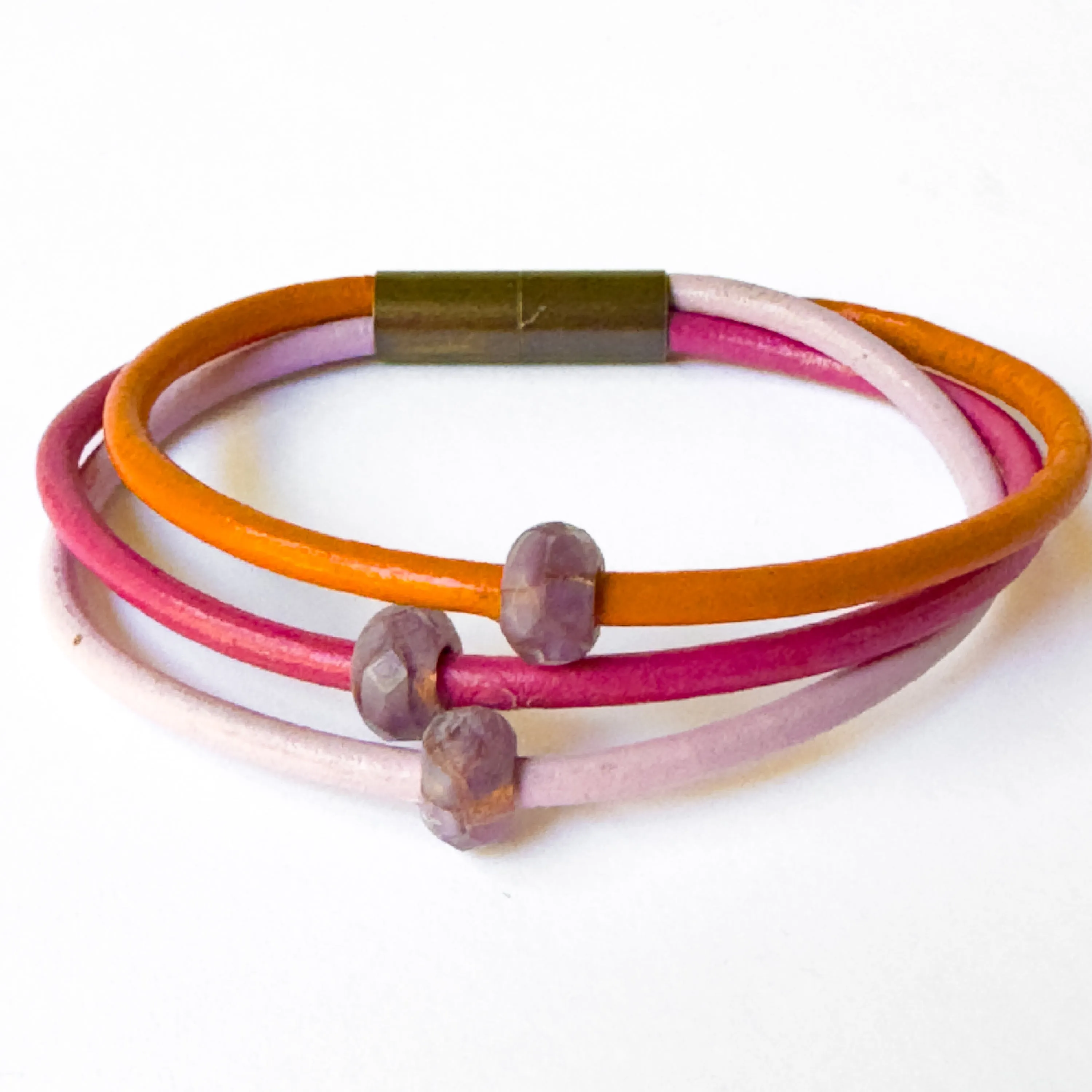 Leather Cord  Bracelet With Purple Beads