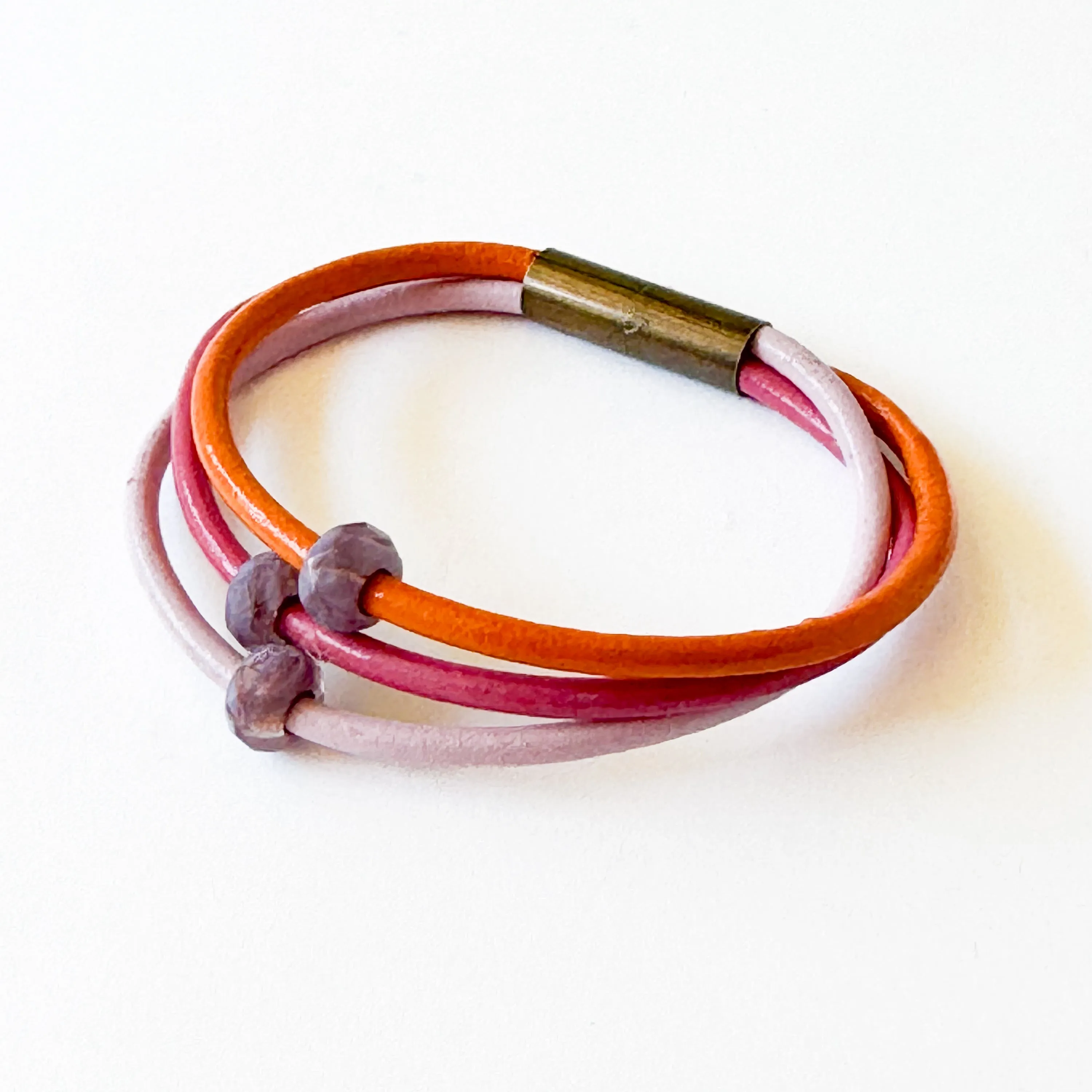 Leather Cord  Bracelet With Purple Beads