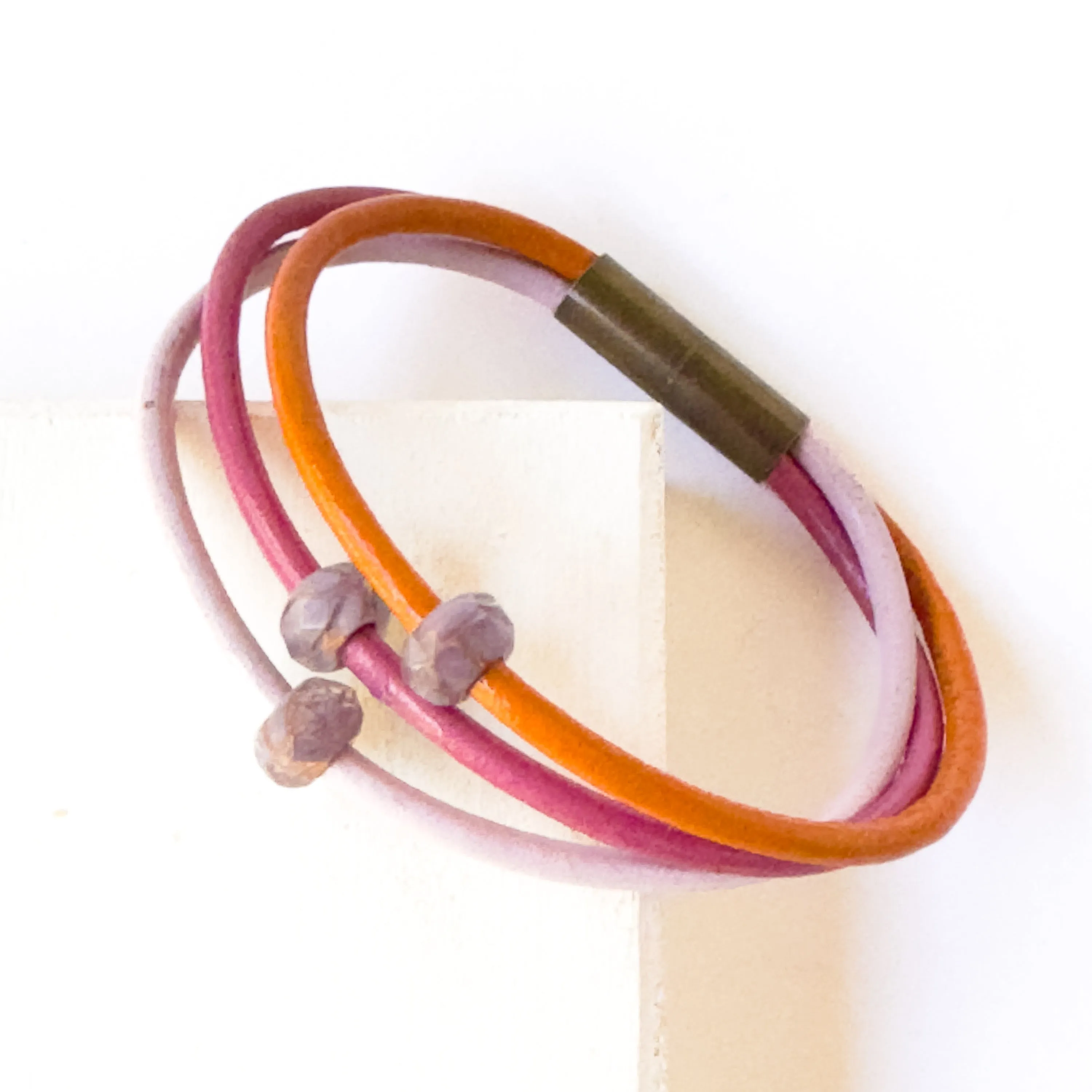 Leather Cord  Bracelet With Purple Beads