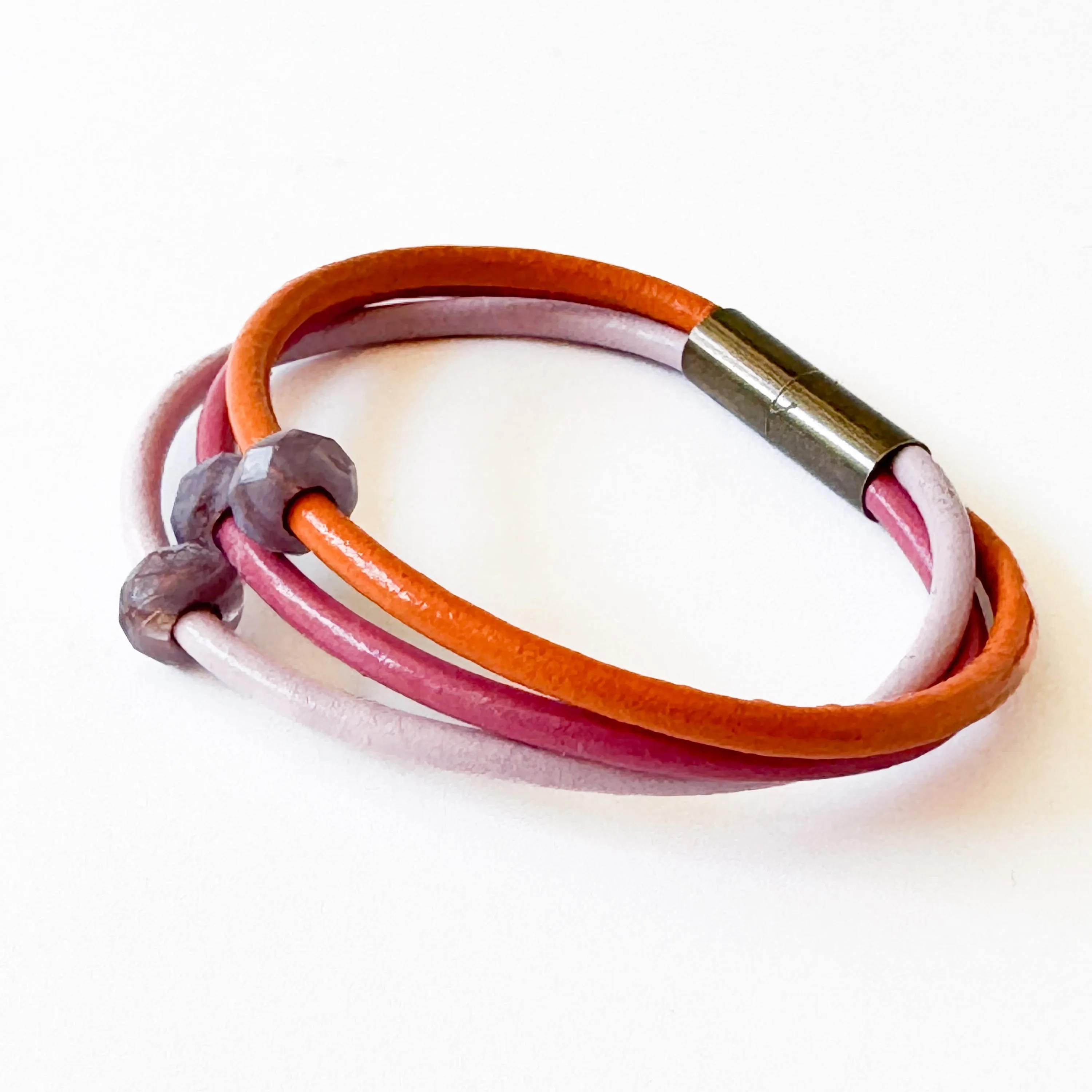 Leather Cord  Bracelet With Purple Beads