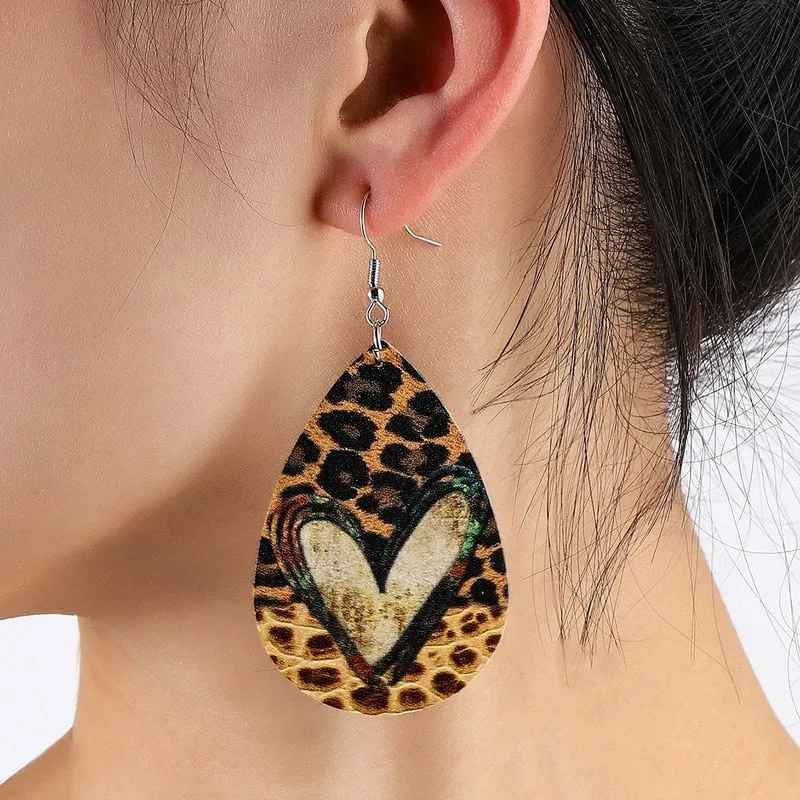 Leather Leopard Print Heart Earrings