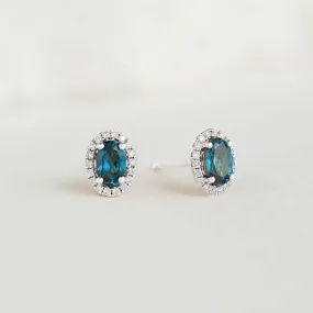 London Blue Topaz Halo Stud Earrings White Gold - Marzia