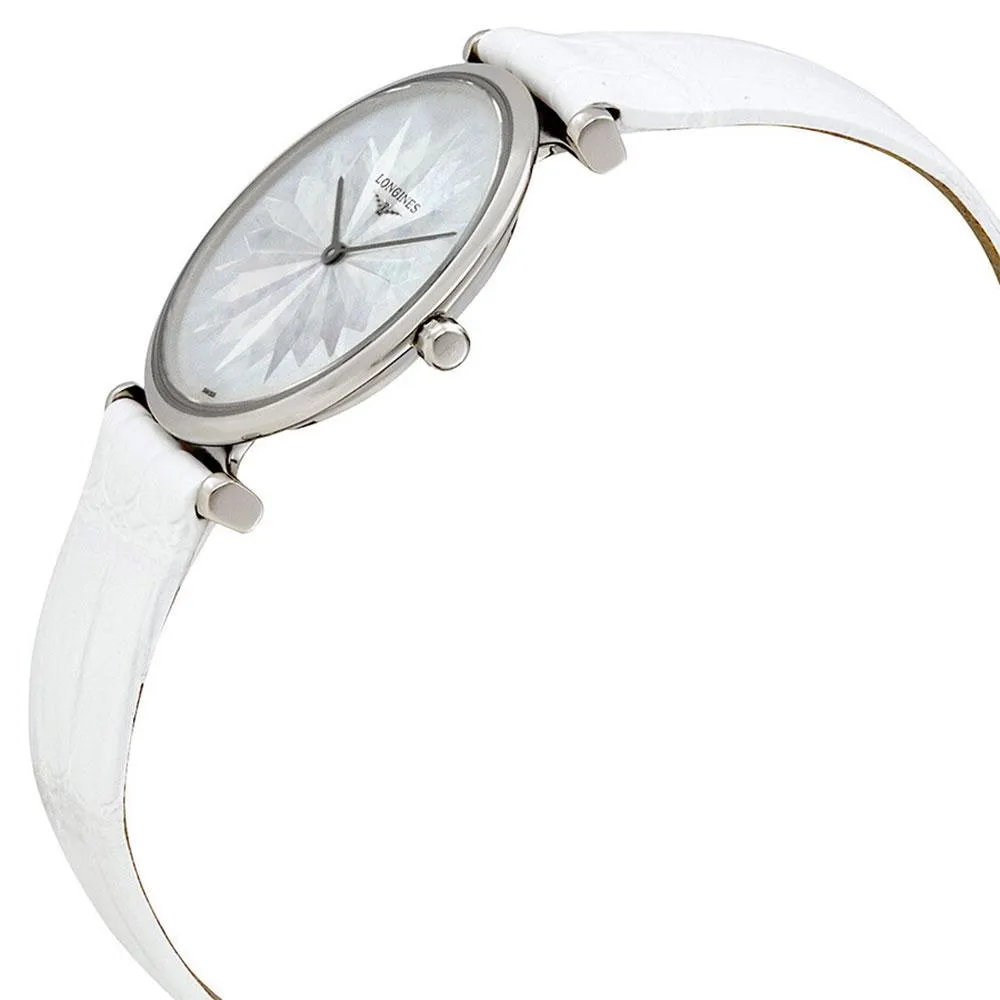 Longines La Grande Classique Stainless Steel Mother-Of-Pearl Dial White Leather Strap Quartz Womens Watch L4.512.4.05.2