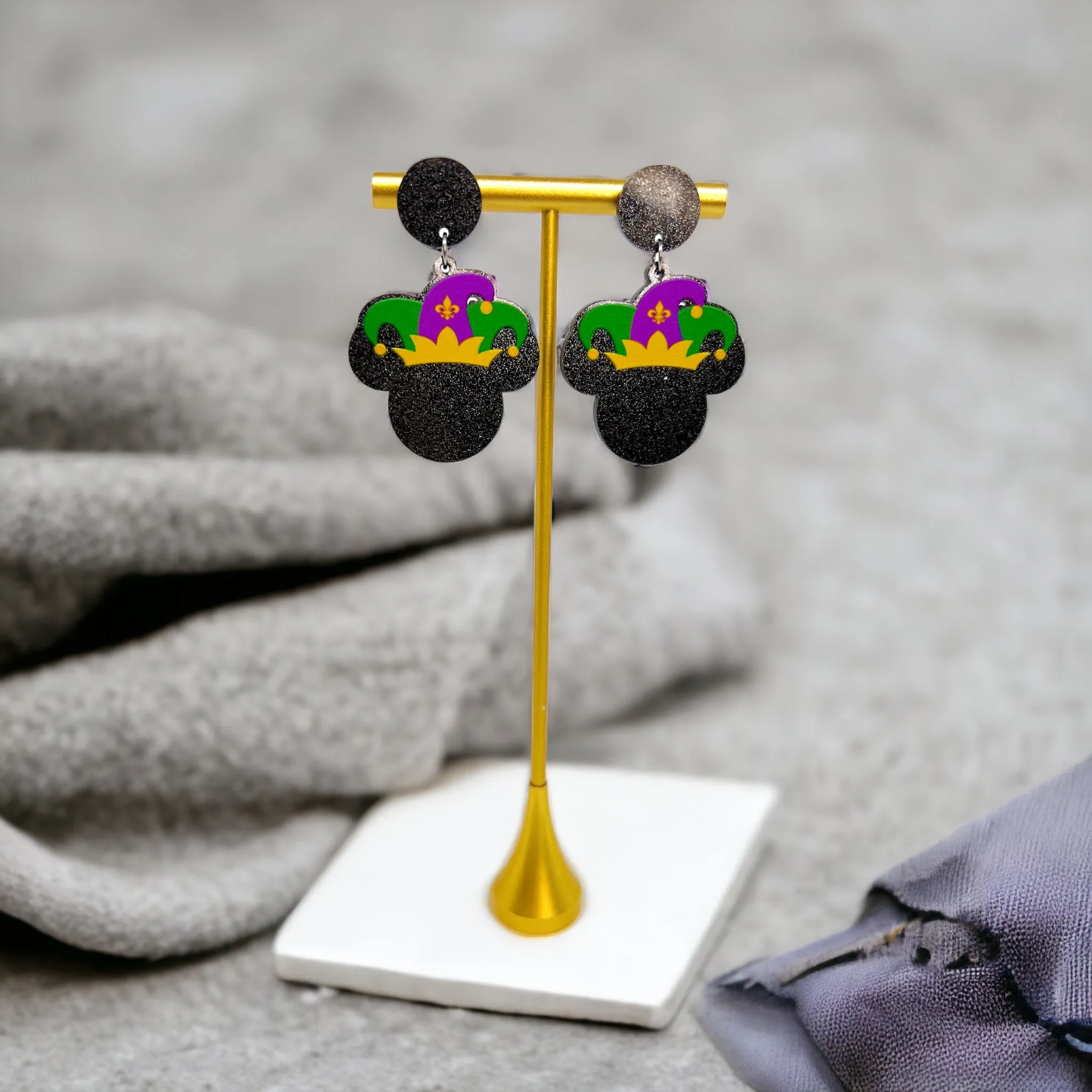 Mardi Gras Earrings - Handmade Jewelry, Mouse Ears, Handmade Earrings, Mardi Gras Jewelry, Mouse Earrings, Purple Green Gold, New Orleans