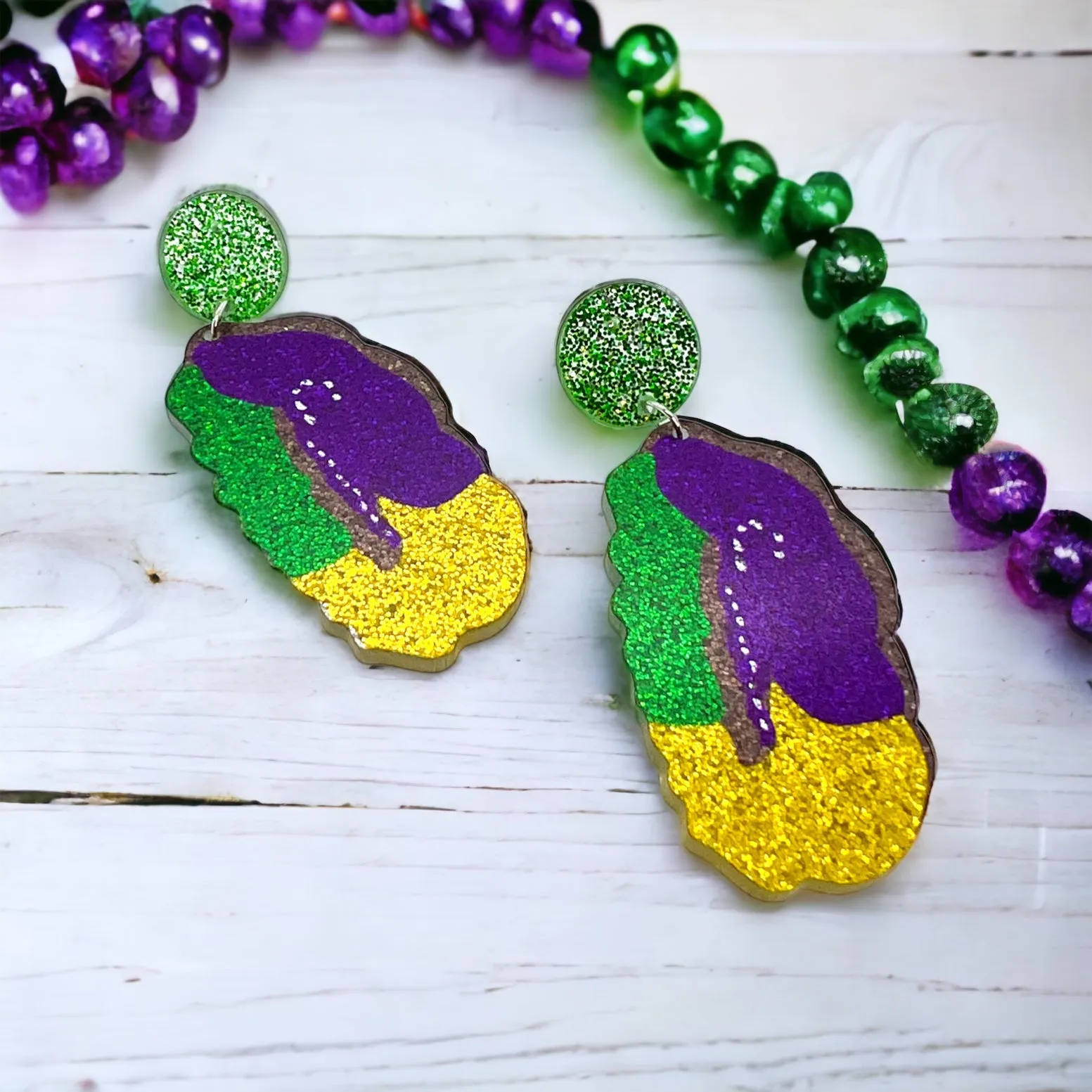 Mardi Gras Kingcake Earrings - Handmade Jewelry, Mardi Gras Earrings, New Orleans, NOLA, Purple Green Gold, Mardi Gras Jewelry, King Cake