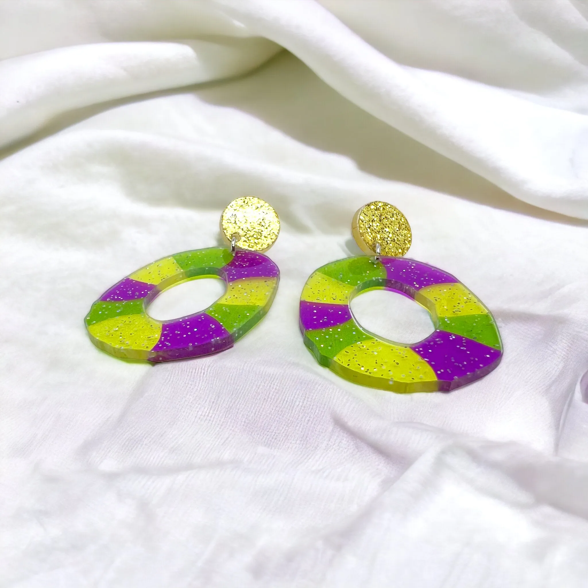 Mardi Gras Kingcake Earrings - Handmade Jewelry, Mardi Gras Earrings, New Orleans, NOLA, Purple Green Gold, Mardi Gras Jewelry, King Cake