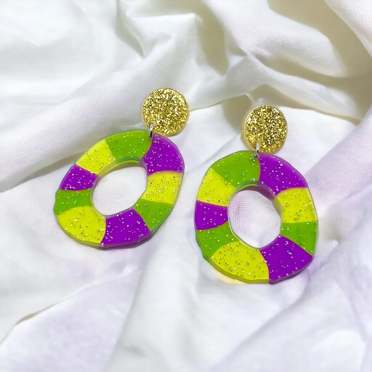 Mardi Gras Kingcake Earrings - Handmade Jewelry, Mardi Gras Earrings, New Orleans, NOLA, Purple Green Gold, Mardi Gras Jewelry, King Cake