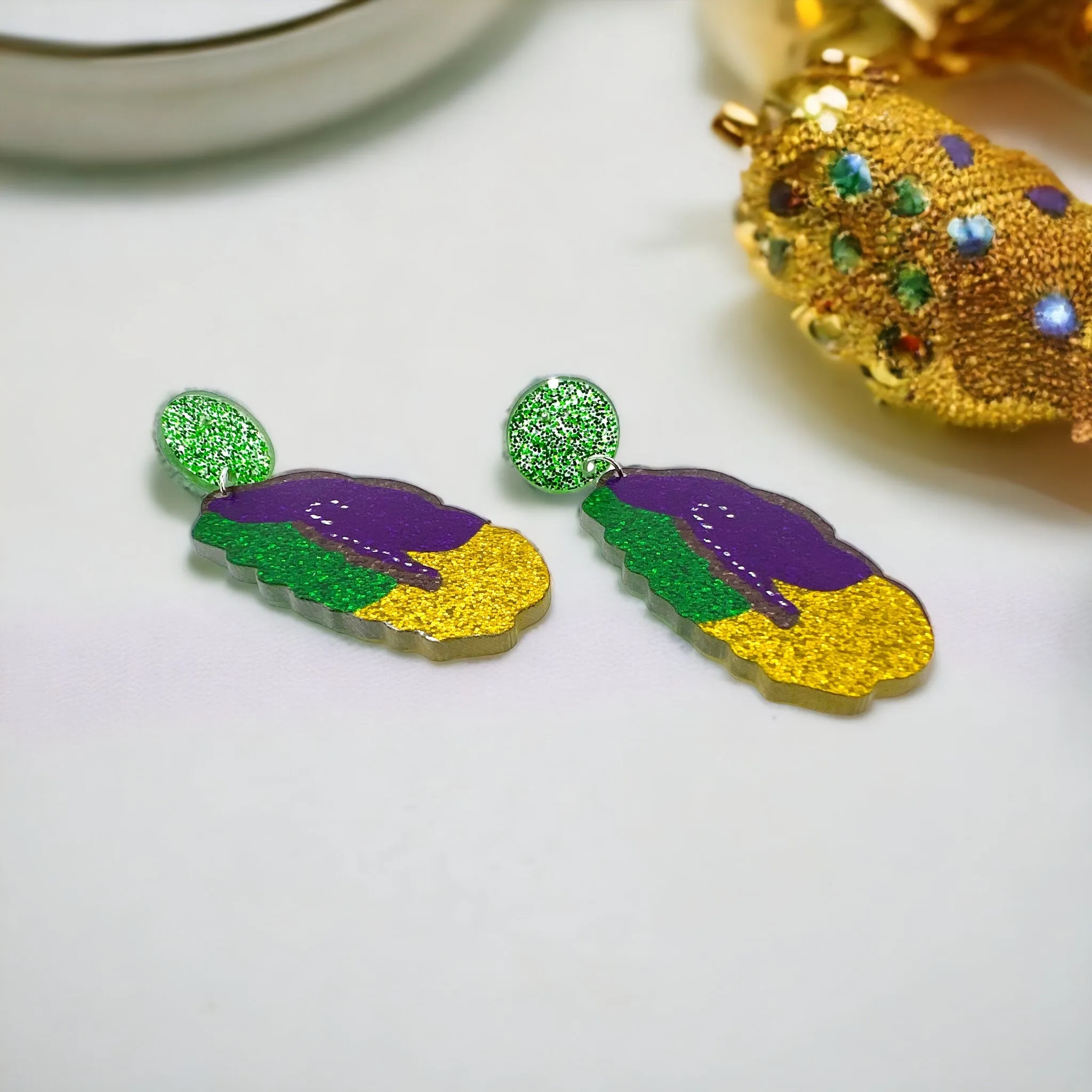 Mardi Gras Kingcake Earrings - Handmade Jewelry, Mardi Gras Earrings, New Orleans, NOLA, Purple Green Gold, Mardi Gras Jewelry, King Cake