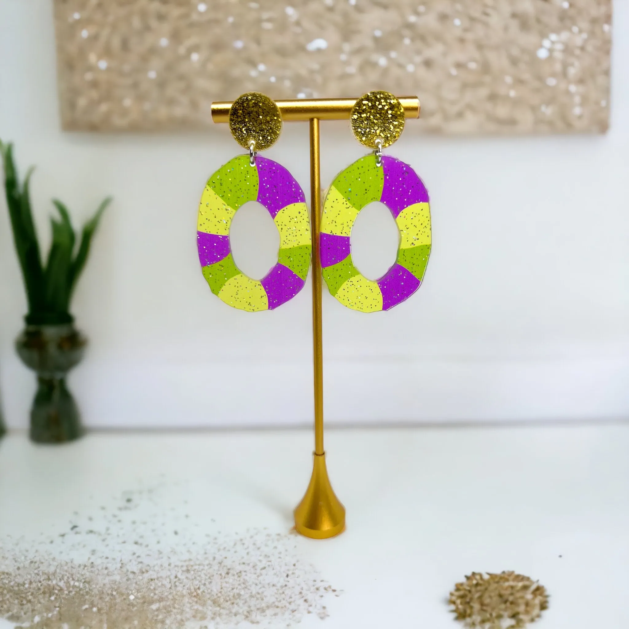 Mardi Gras Kingcake Earrings - Handmade Jewelry, Mardi Gras Earrings, New Orleans, NOLA, Purple Green Gold, Mardi Gras Jewelry, King Cake