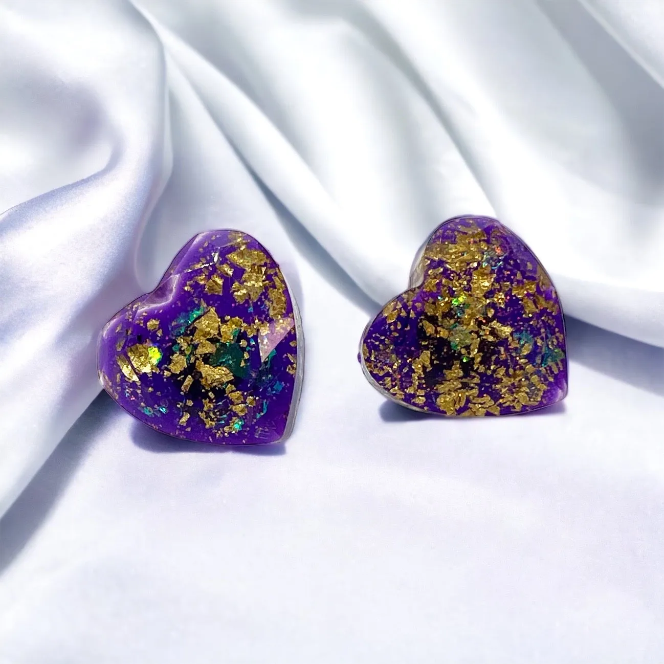 Mardi Gras Studs - Heart Earrings, Mardi Gras Earrings, Mardi Gras Glitter, Kingcake, Handmade Earrings, Mardi Gras Jewelry, Stud Earrings