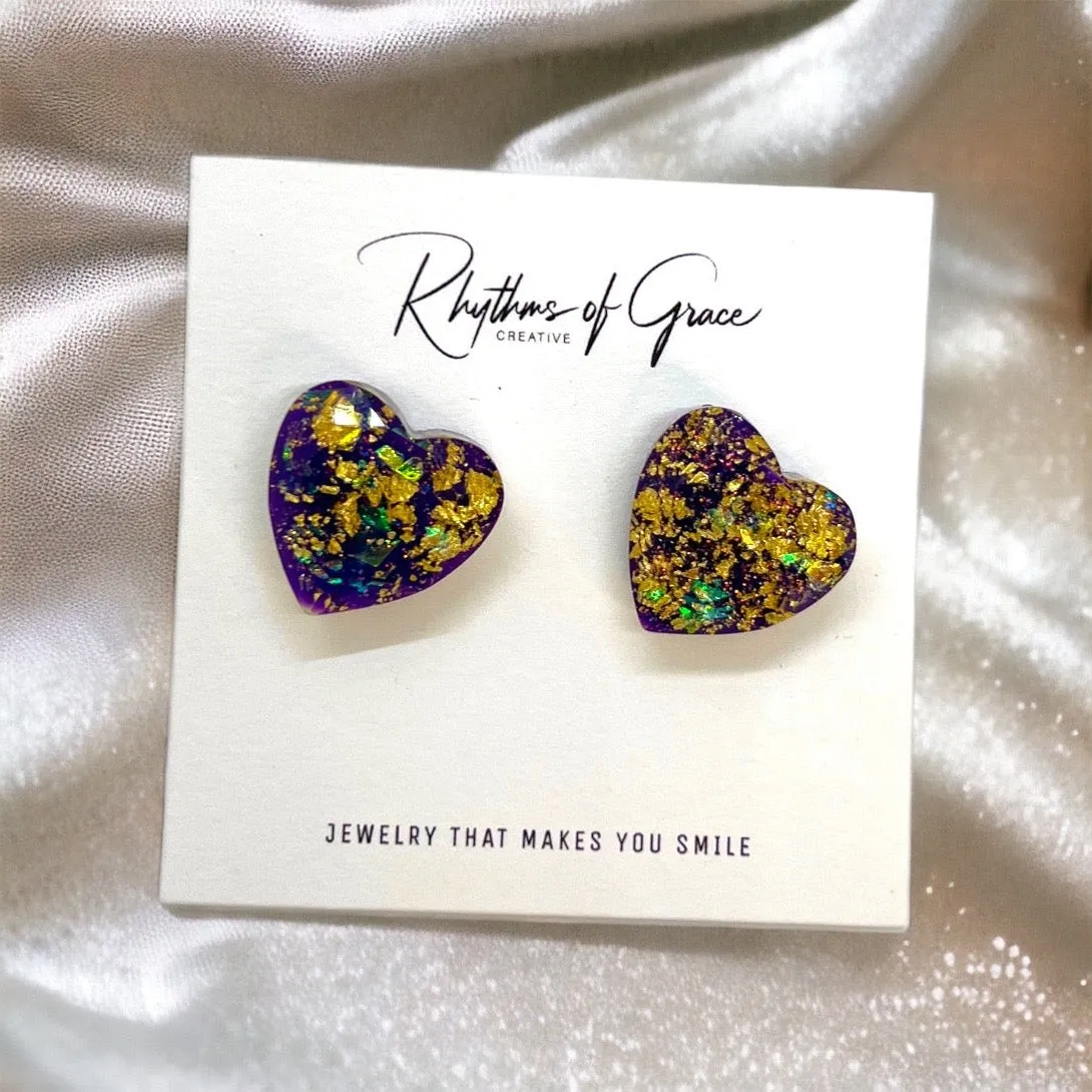 Mardi Gras Studs - Heart Earrings, Mardi Gras Earrings, Mardi Gras Glitter, Kingcake, Handmade Earrings, Mardi Gras Jewelry, Stud Earrings