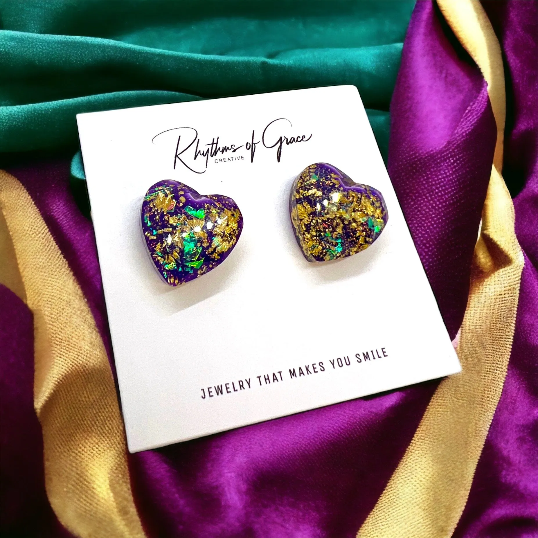 Mardi Gras Studs - Heart Earrings, Mardi Gras Earrings, Mardi Gras Glitter, Kingcake, Handmade Earrings, Mardi Gras Jewelry, Stud Earrings