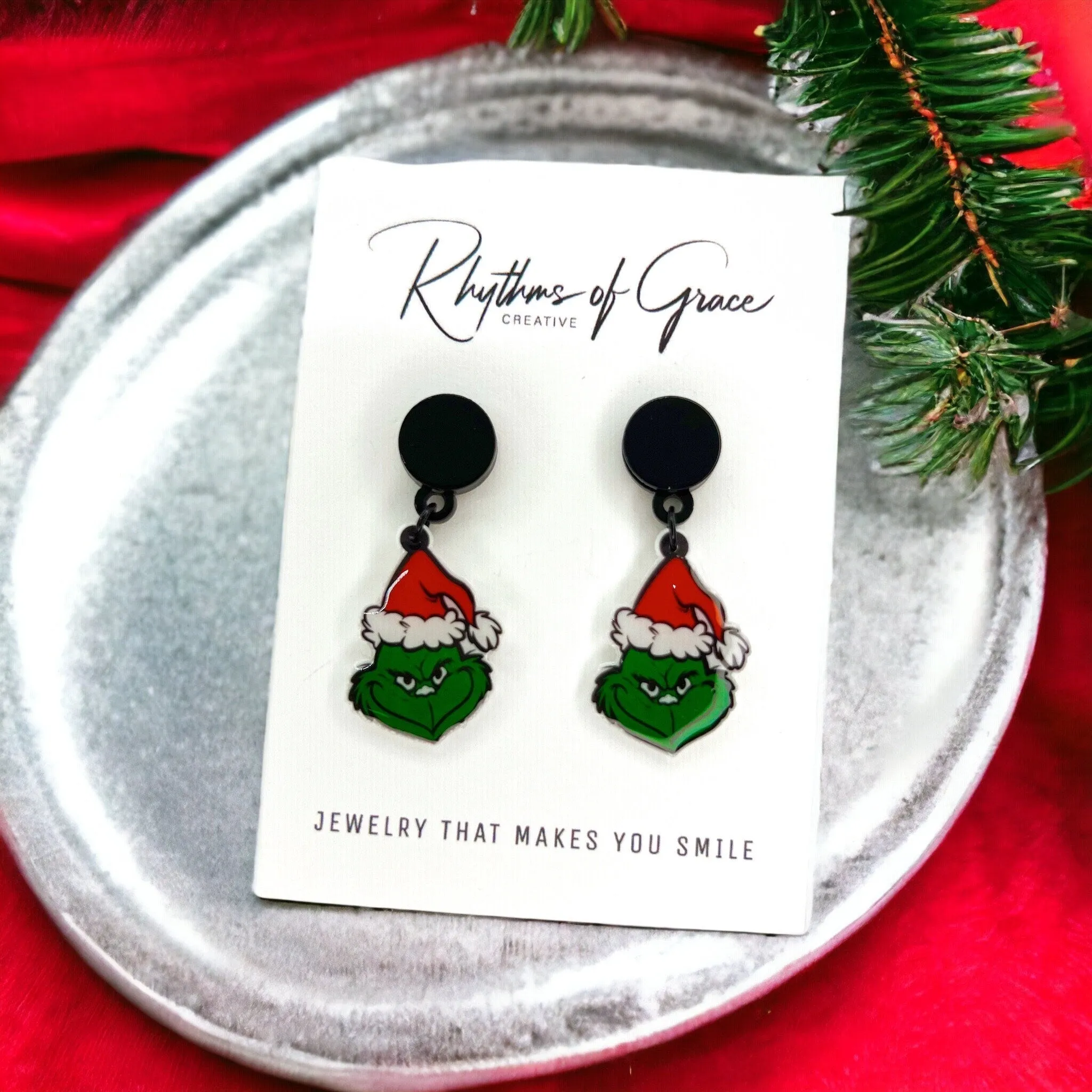 Mean One Earrings - Santa Hat, Christmas Earrings, Christmas Jewelry, Christmas Jewelry, Handmade Earrings, Green Earrings