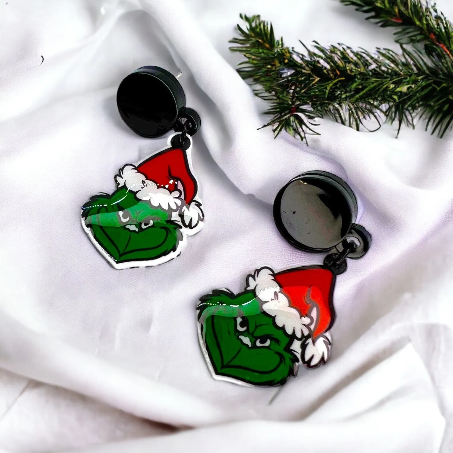 Mean One Earrings - Santa Hat, Christmas Earrings, Christmas Jewelry, Christmas Jewelry, Handmade Earrings, Green Earrings