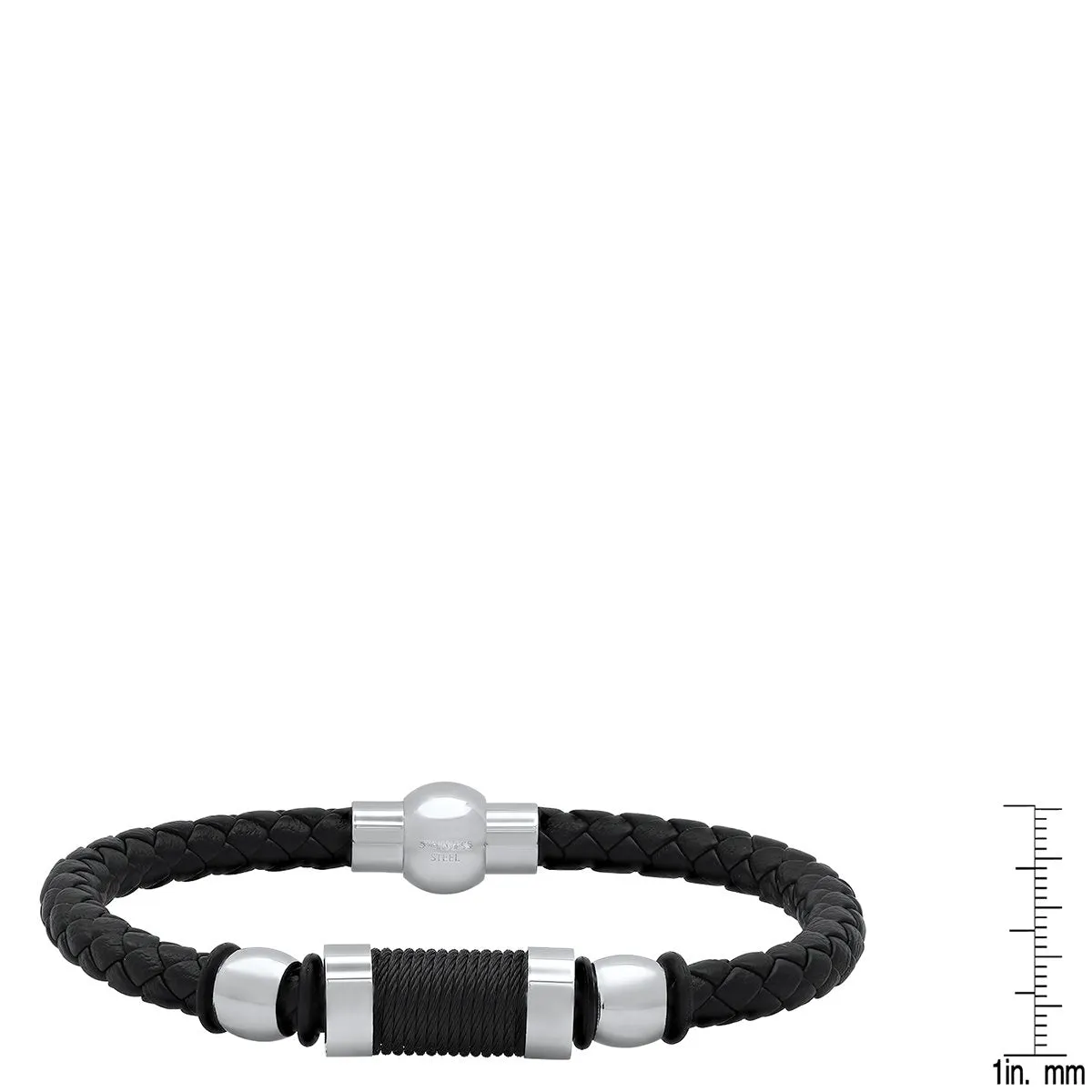 Men's Black Braided Leather, Black Threat and Stainless Steel Bracelet