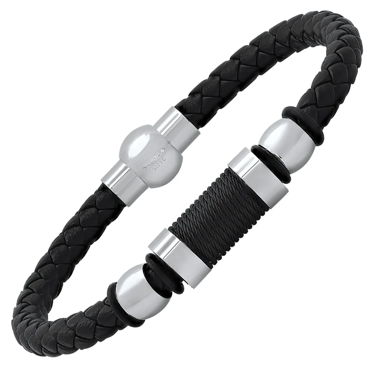 Men's Black Braided Leather, Black Threat and Stainless Steel Bracelet