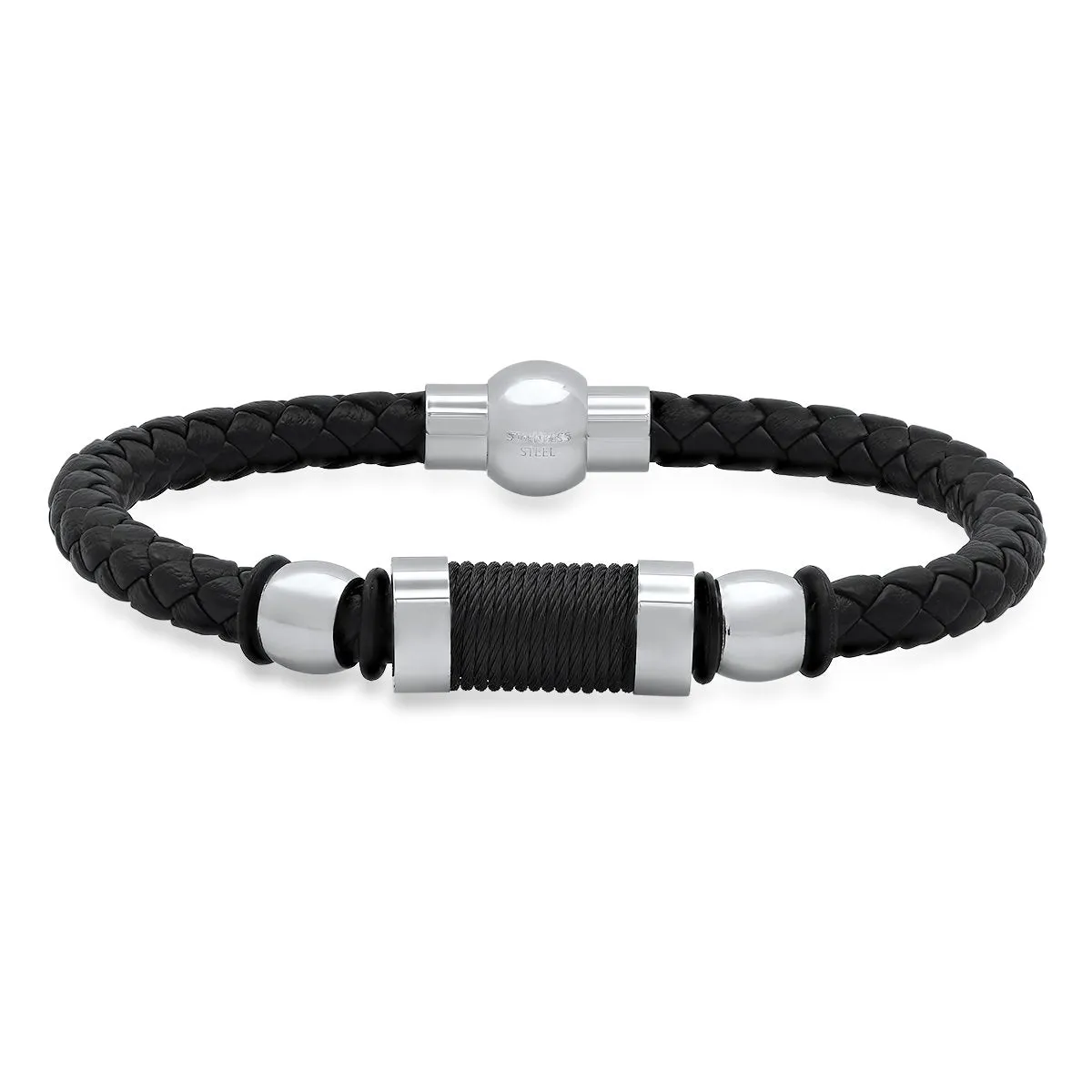 Men's Black Braided Leather, Black Threat and Stainless Steel Bracelet