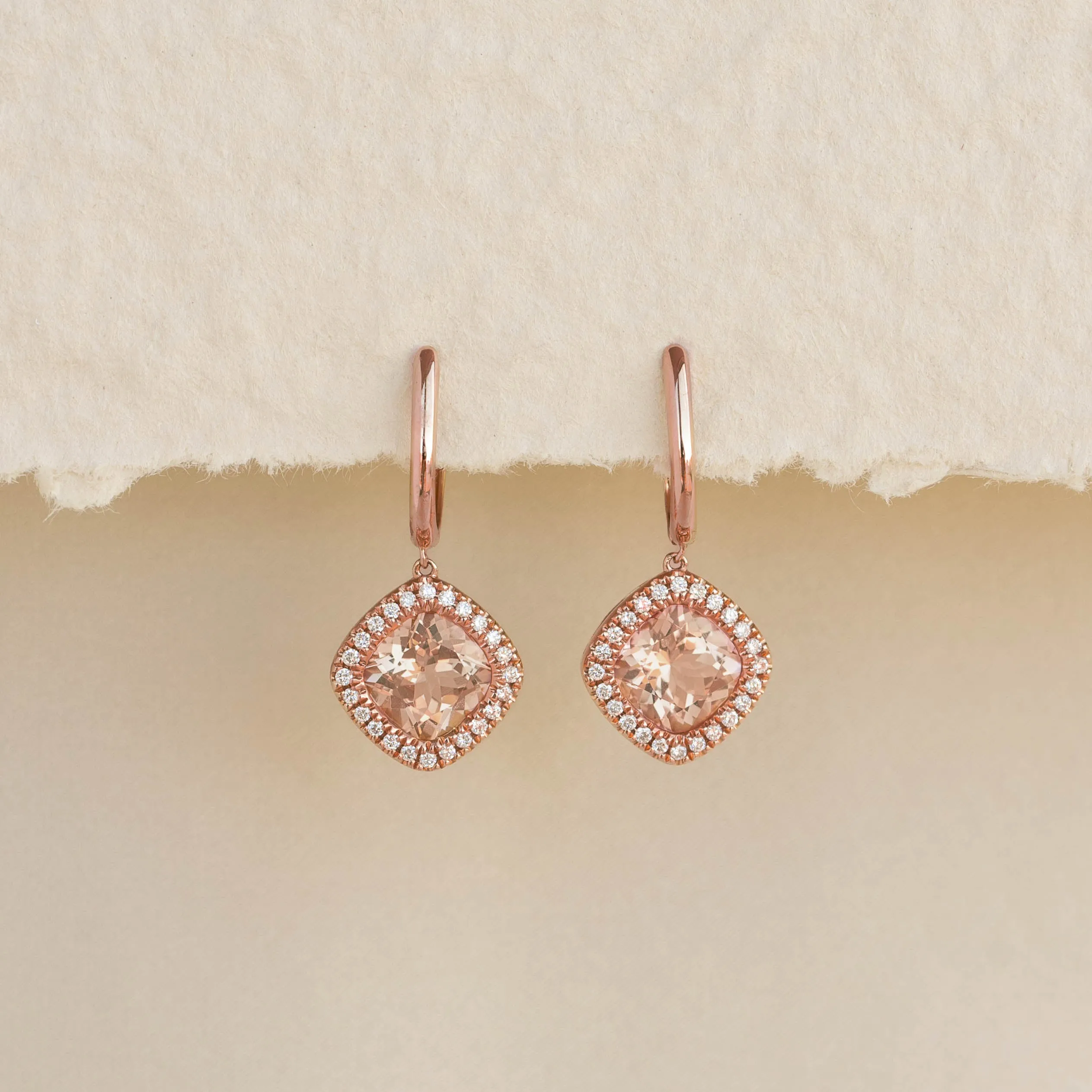 Morganite and Diamond Halo Drop Earrings Rose Gold - Elvira