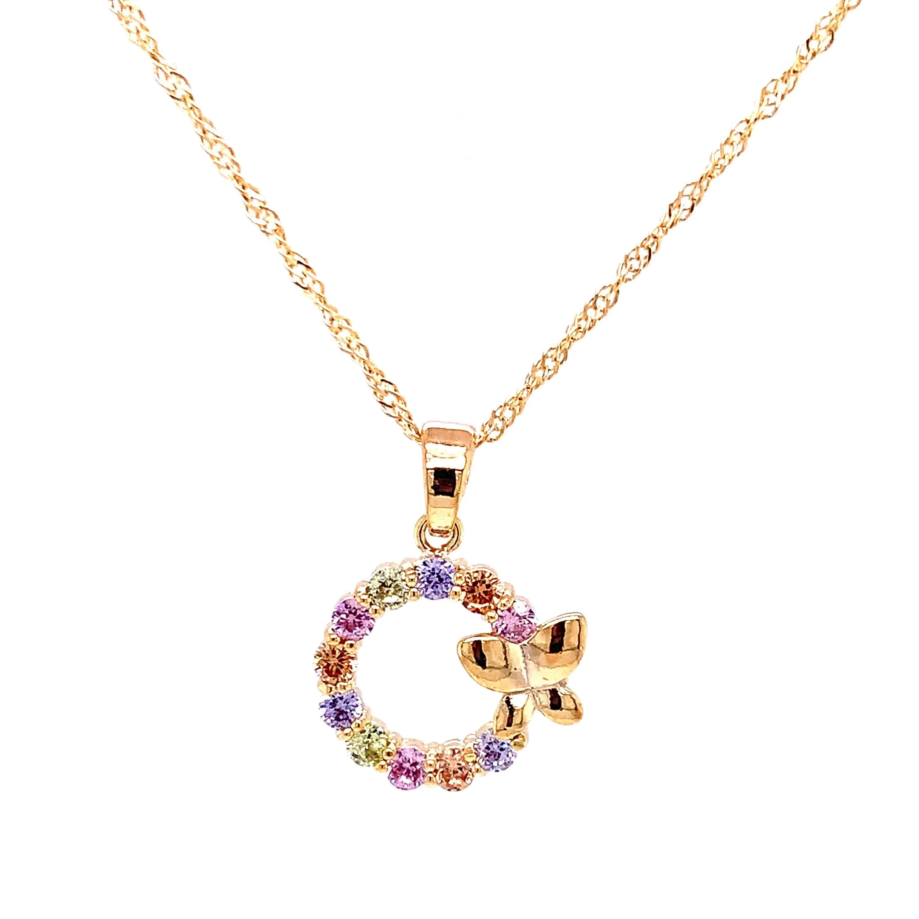 Pastel CZ Stone Open Circle with Butterfly Pendant on Twisted Chain