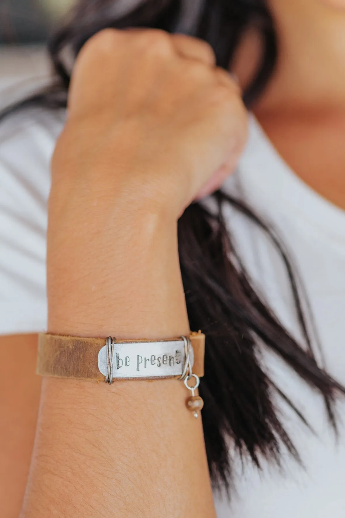 "Be Present" Coffee Leather Bracelet