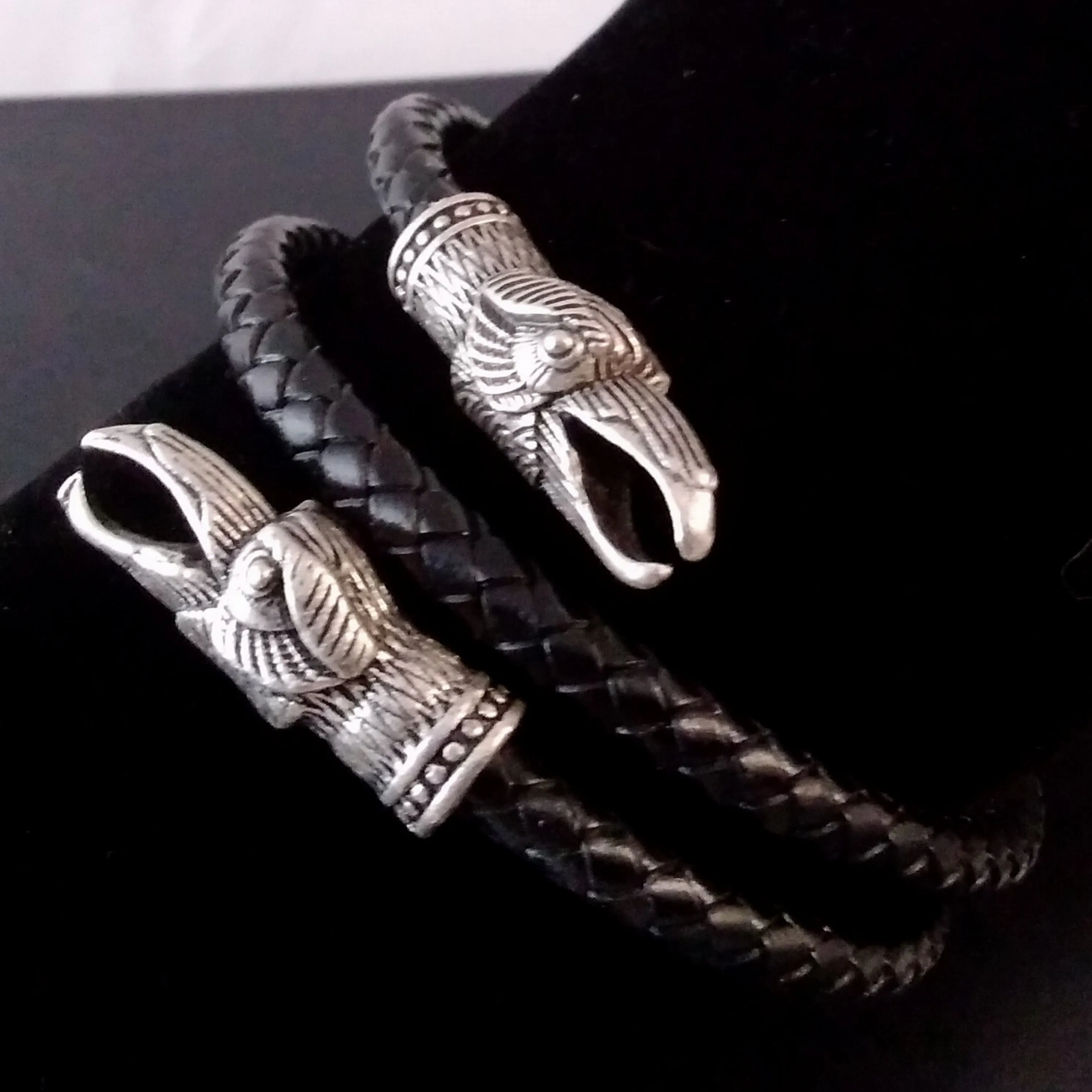 Raven Bracelet Torc Arm Ring Silver Black Leather