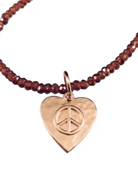 Rose Gold Peace Heart on Garnet Bead Necklace