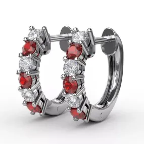 Shared Prong Ruby And Diamond Hoop Earrings