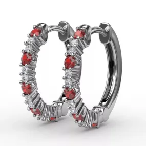 Shared Prong Ruby and Diamond Hoops