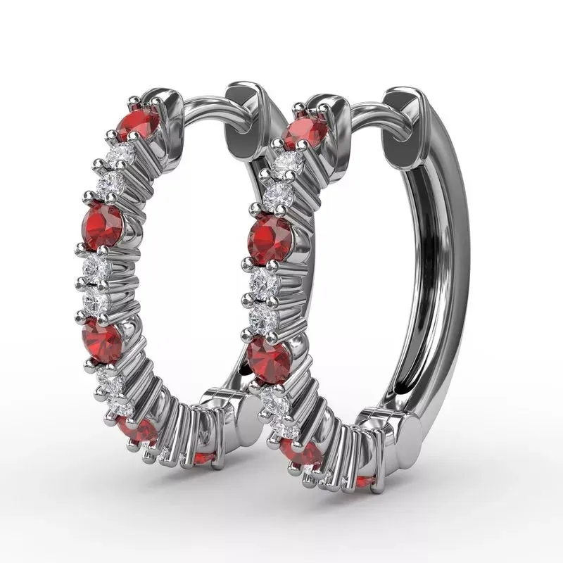 Shared Prong Ruby and Diamond Hoops