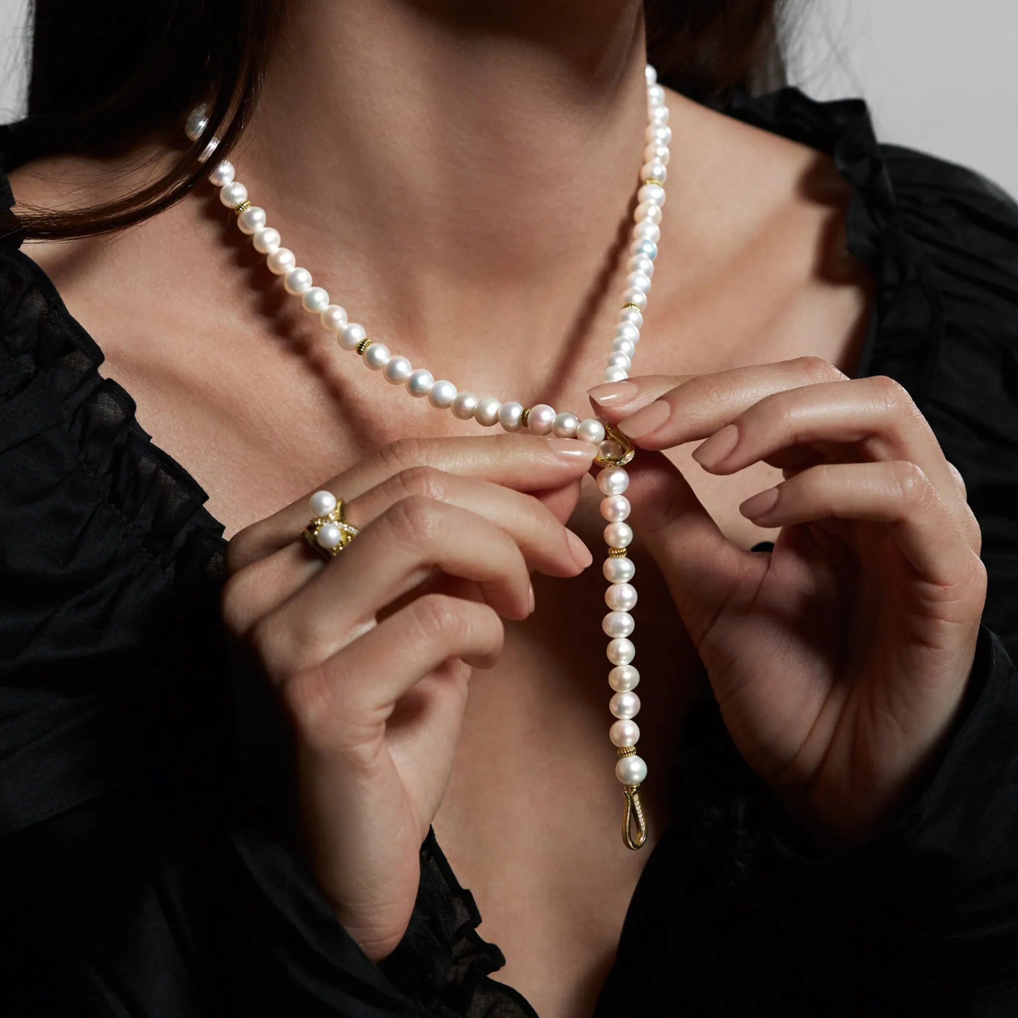 Shima Drop Necklace with Freshwater Pearls and Diamonds in 18K