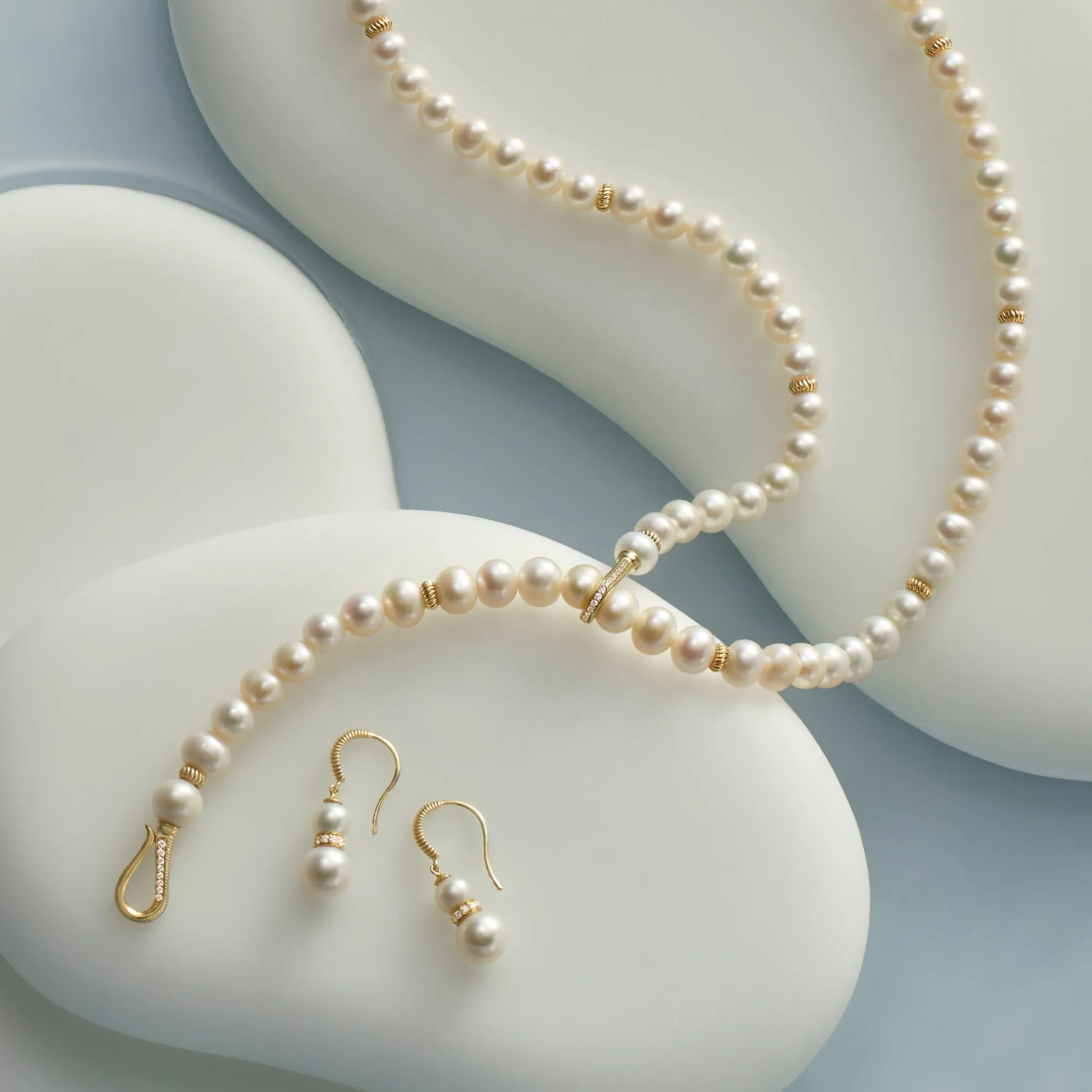 Shima Drop Necklace with Freshwater Pearls and Diamonds in 18K