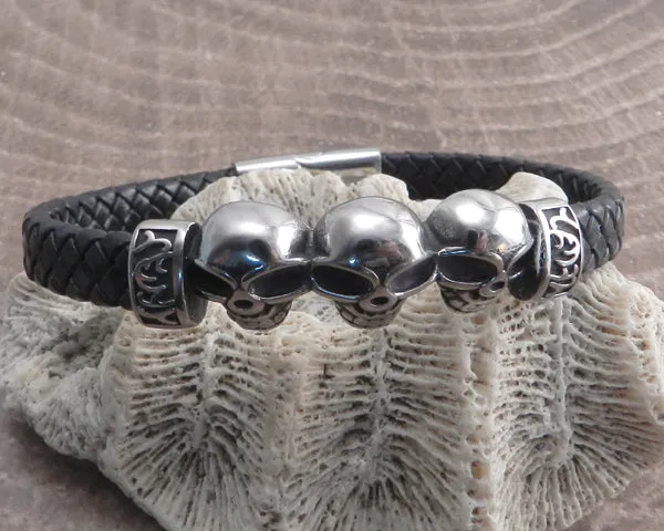 Skull Head Leather Braid Steel Bracelet