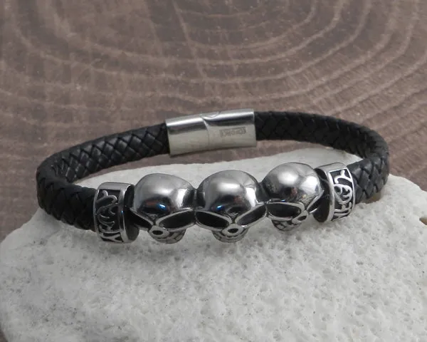 Skull Head Leather Braid Steel Bracelet