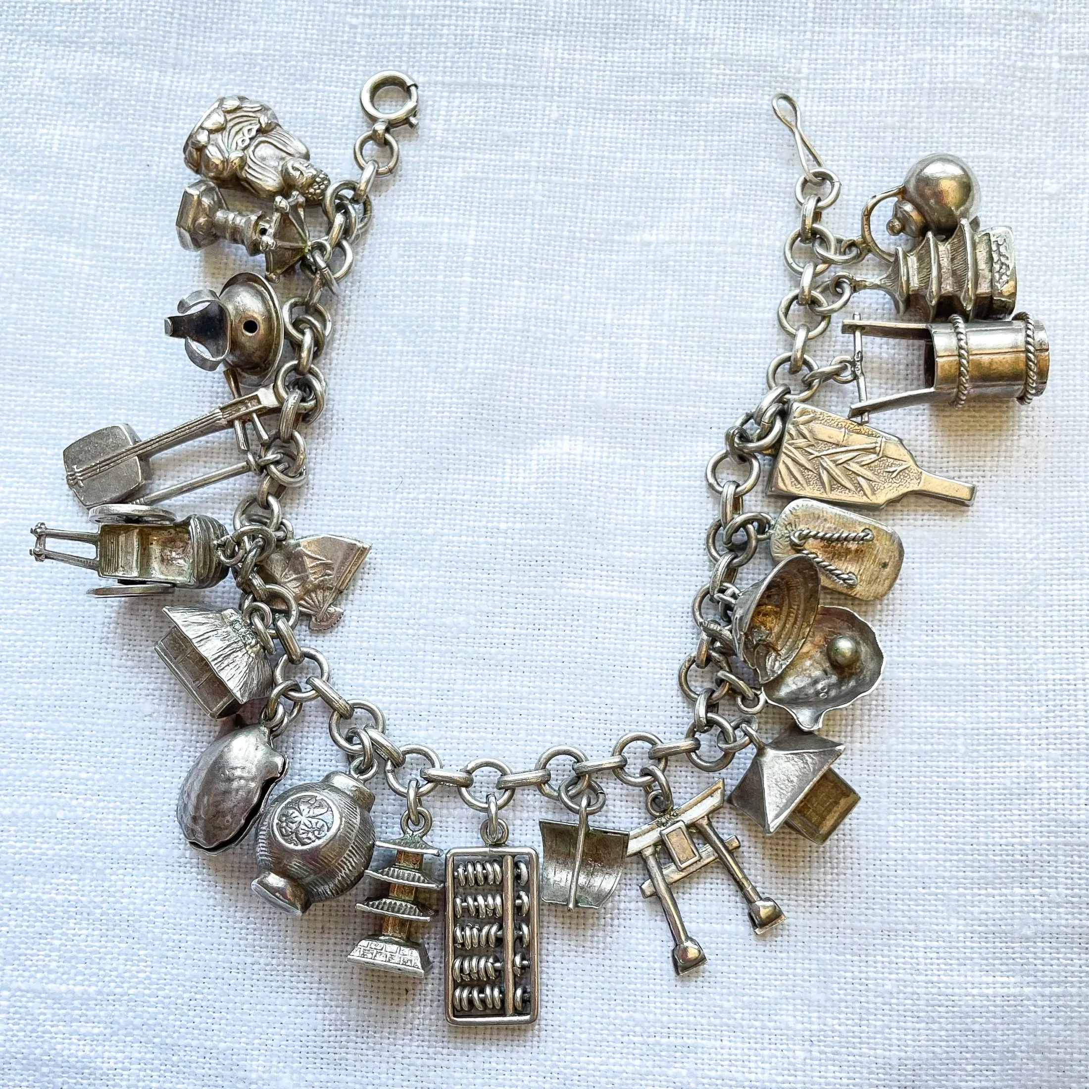 SOLD Vintage Asian Theme Charm Bracelet, MCM Silver Charm Bracelet w/23 Charms