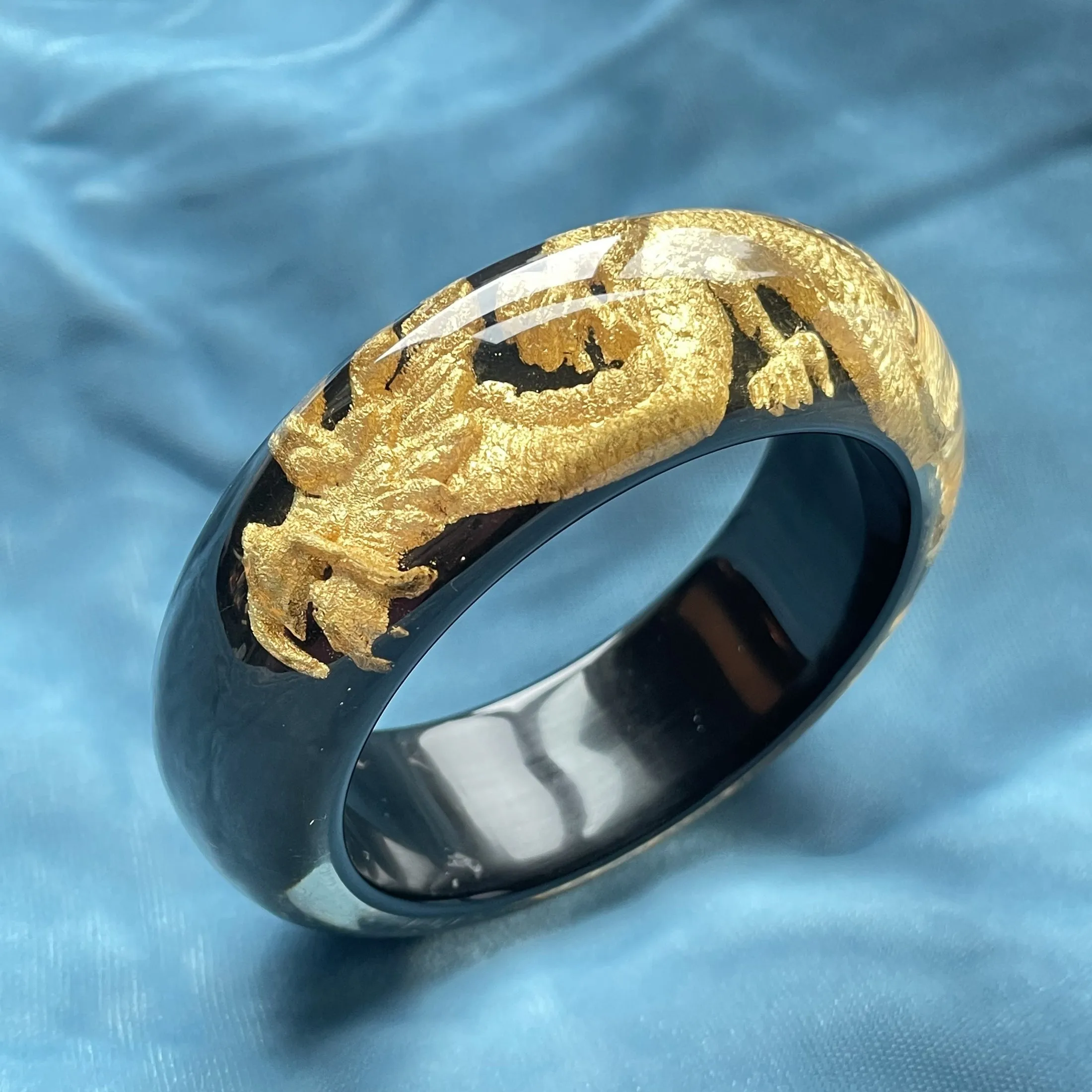 SOLD Vintage Lucite Dragon Bangle Bracelet, Black Gold Inclusion Bracelet