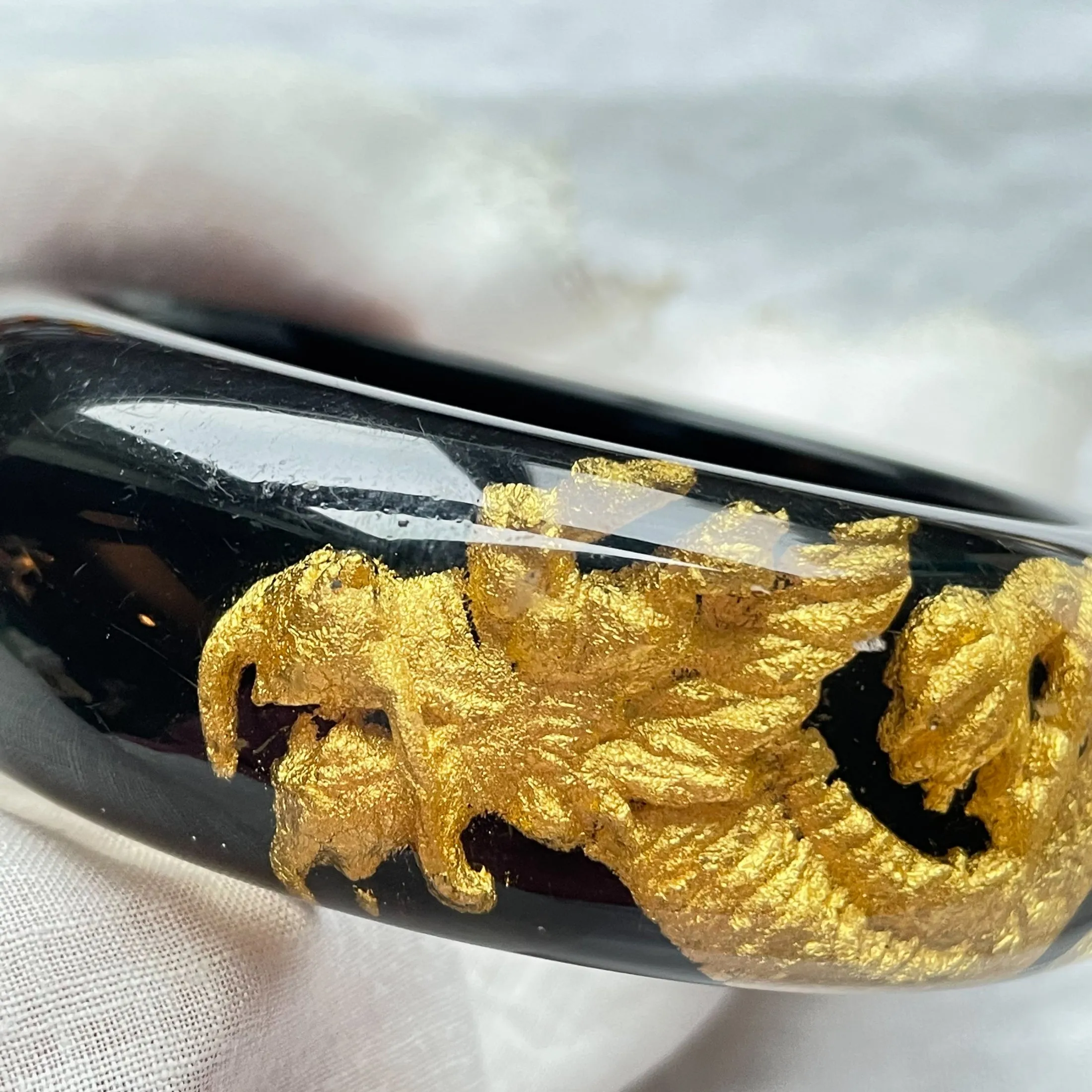 SOLD Vintage Lucite Dragon Bangle Bracelet, Black Gold Inclusion Bracelet