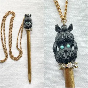 SOLD Vintage MCM Novelty Pen Necklace, Kitsch Carved Dog Pendant Necklace