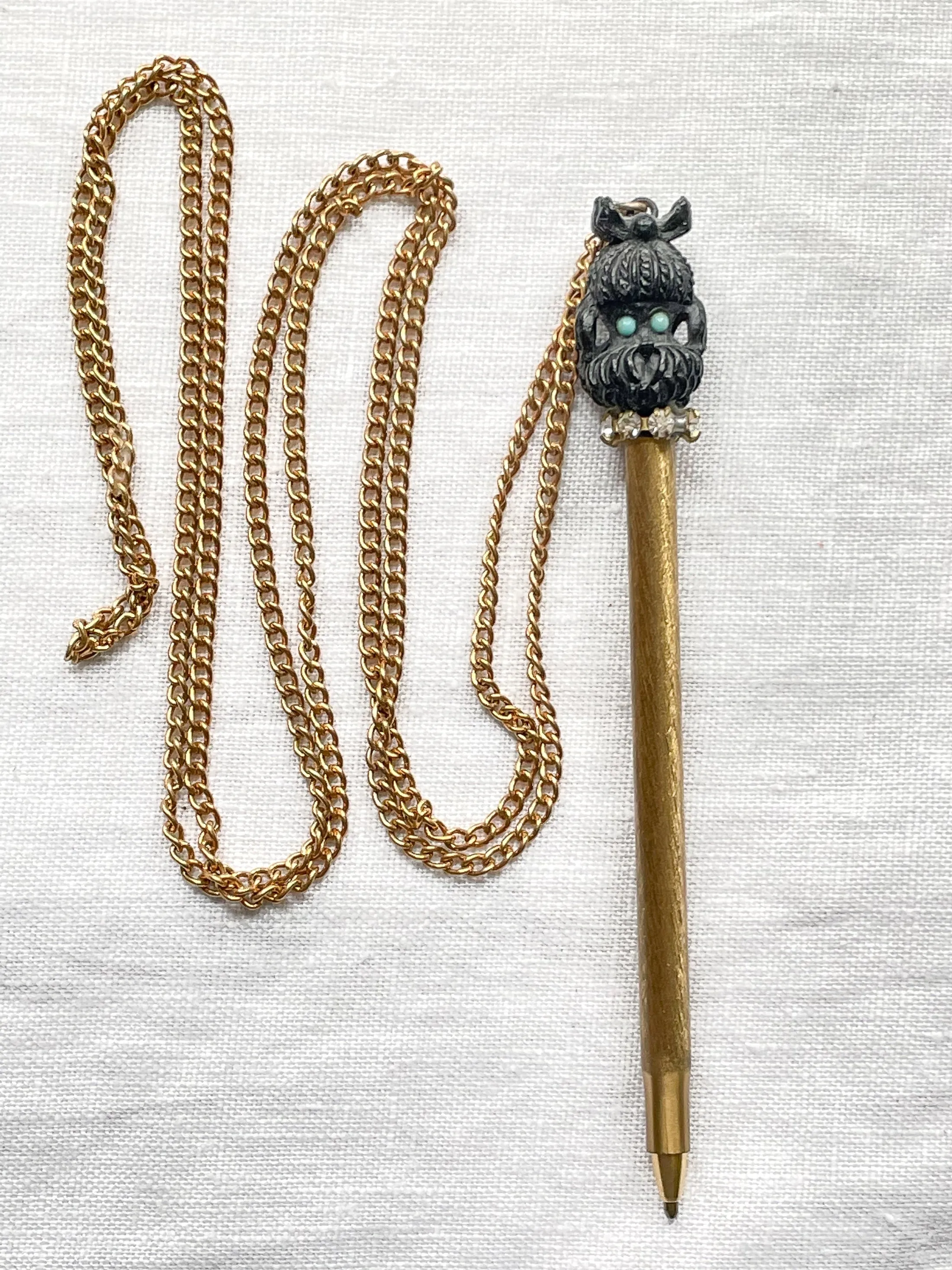 SOLD Vintage MCM Novelty Pen Necklace, Kitsch Carved Dog Pendant Necklace