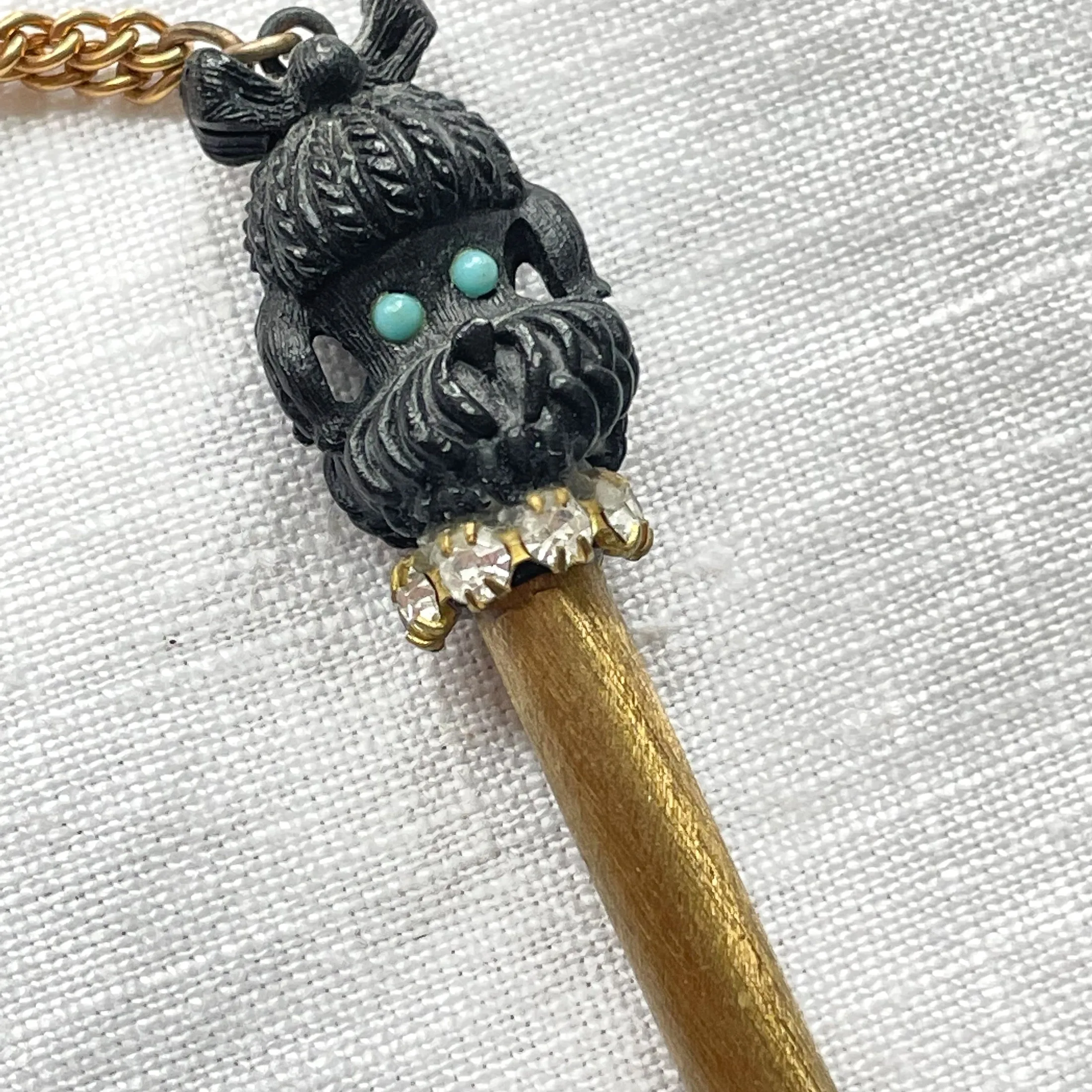 SOLD Vintage MCM Novelty Pen Necklace, Kitsch Carved Dog Pendant Necklace