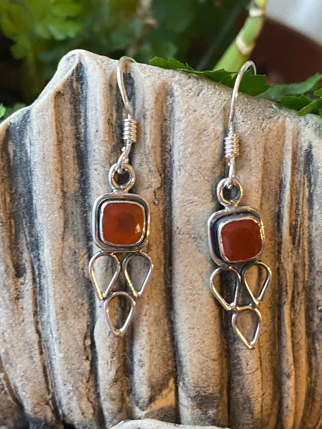 Solid Silver Carnelian Drop Earrings with Triple Triangle Detail