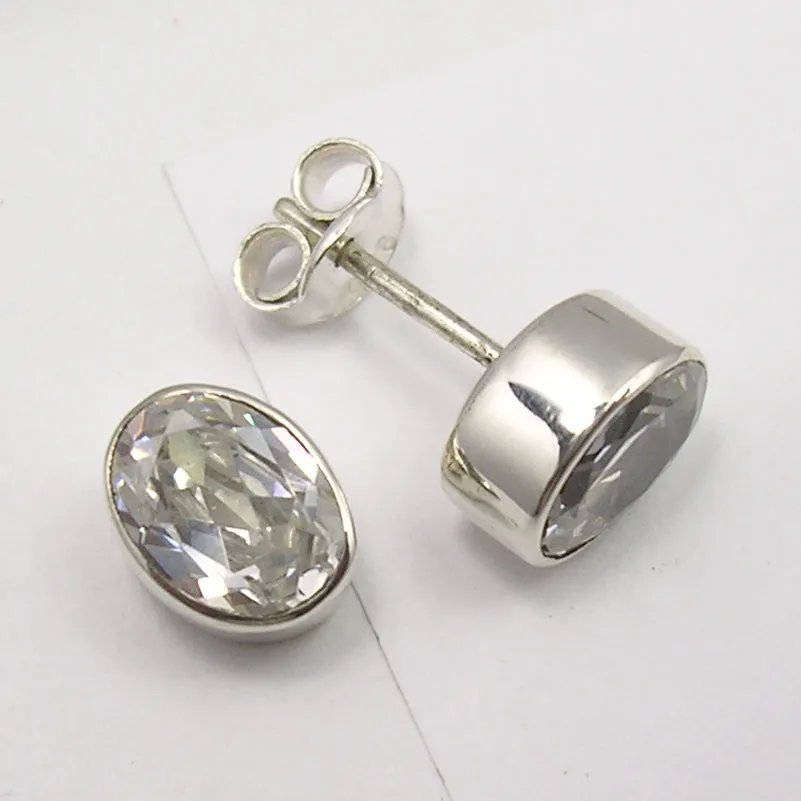 Solid Silver Cubic Zirconia Oval Stud Earrings