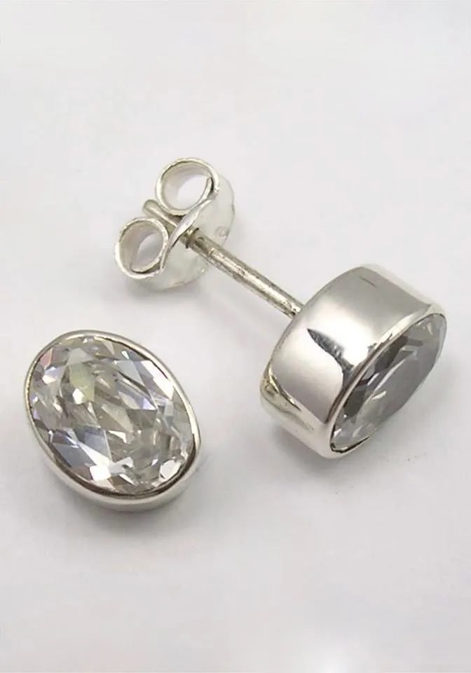 Solid Silver Cubic Zirconia Oval Stud Earrings