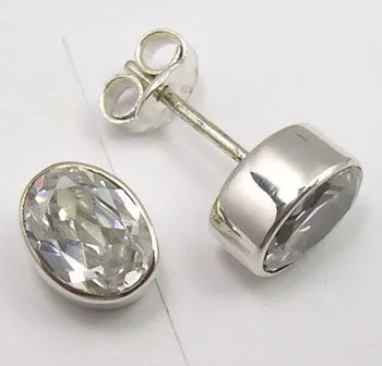 Solid Silver Cubic Zirconia Oval Stud Earrings