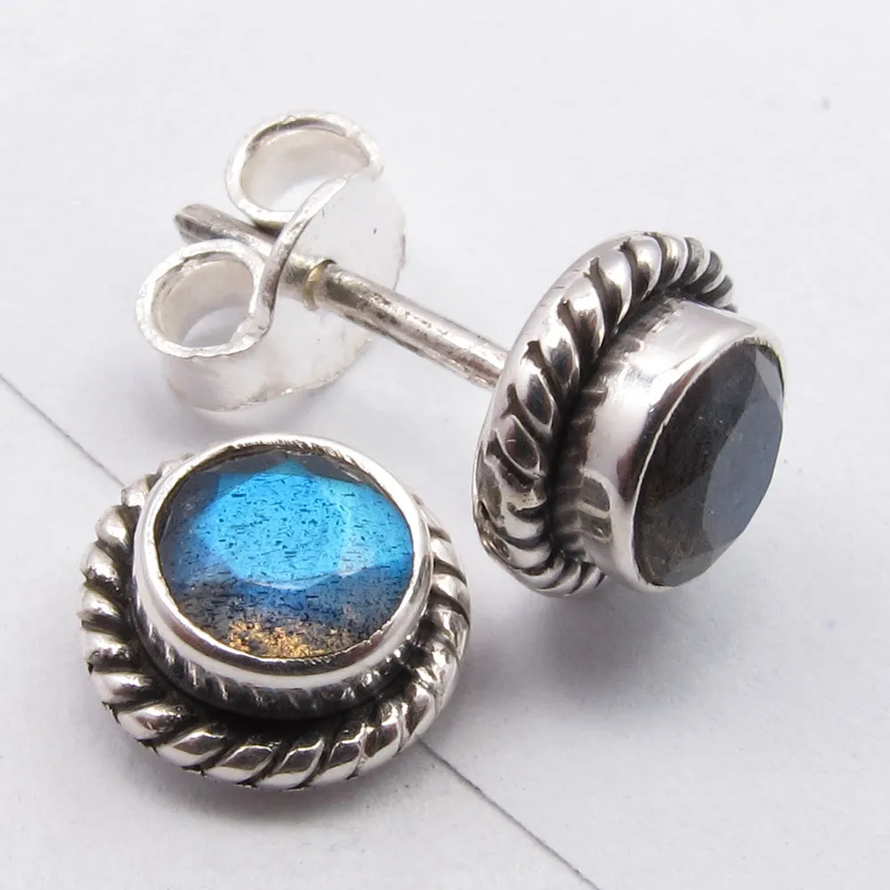 Solid Silver Labradorite Rope Edge Stud Earrings