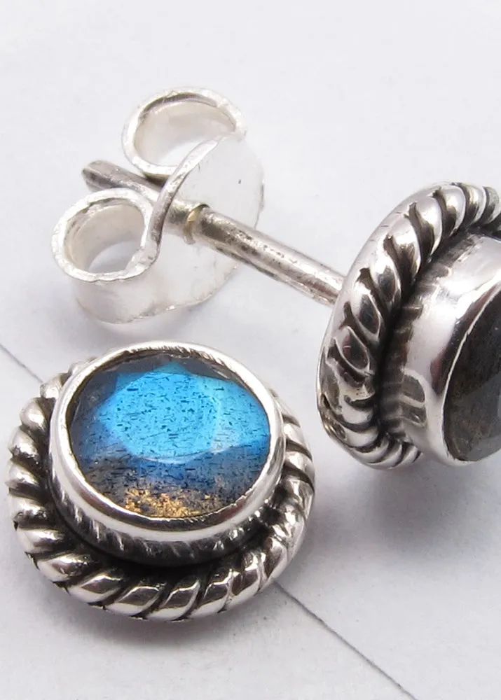 Solid Silver Labradorite Rope Edge Stud Earrings