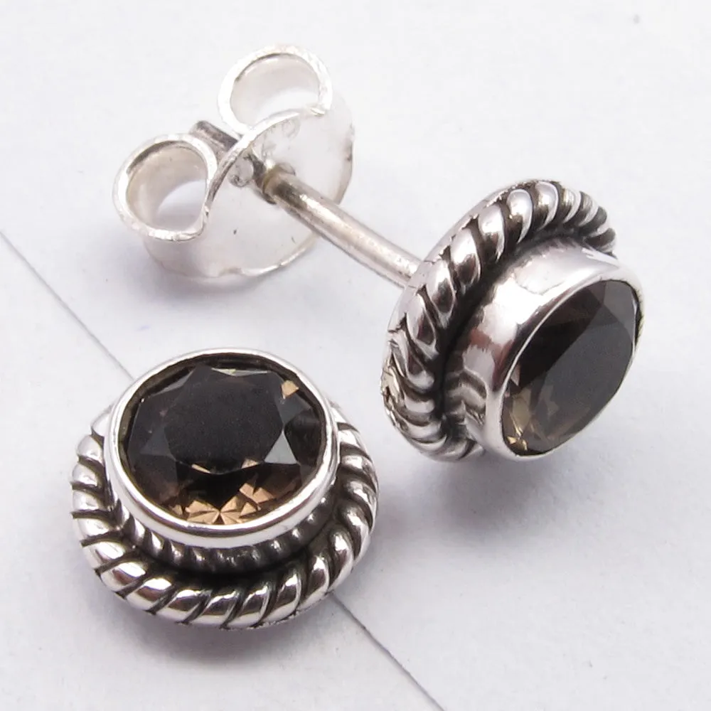 Solid Silver Smoky Quartz Round Stud Earrings